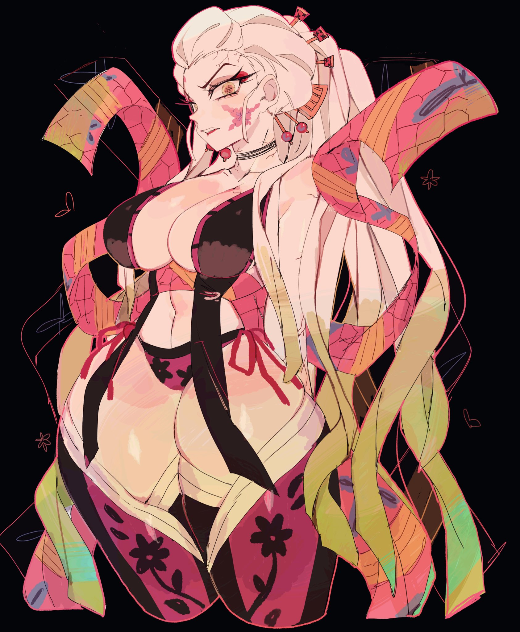 1girls, 2025, angry, angry face, bare thighs, big breasts, big thighs, black background, breasts, clothed, clothing, curvy, curvy female, daki (kimetsu no yaiba), demon girl, demon slayer, female, female only, hi res, kimetsu no yaiba, light skin, light-skinned female, long hair, looking at viewer, semi nude, simple background, solo, thick thighs, usa37107692, voluptuous, white hair, white skin