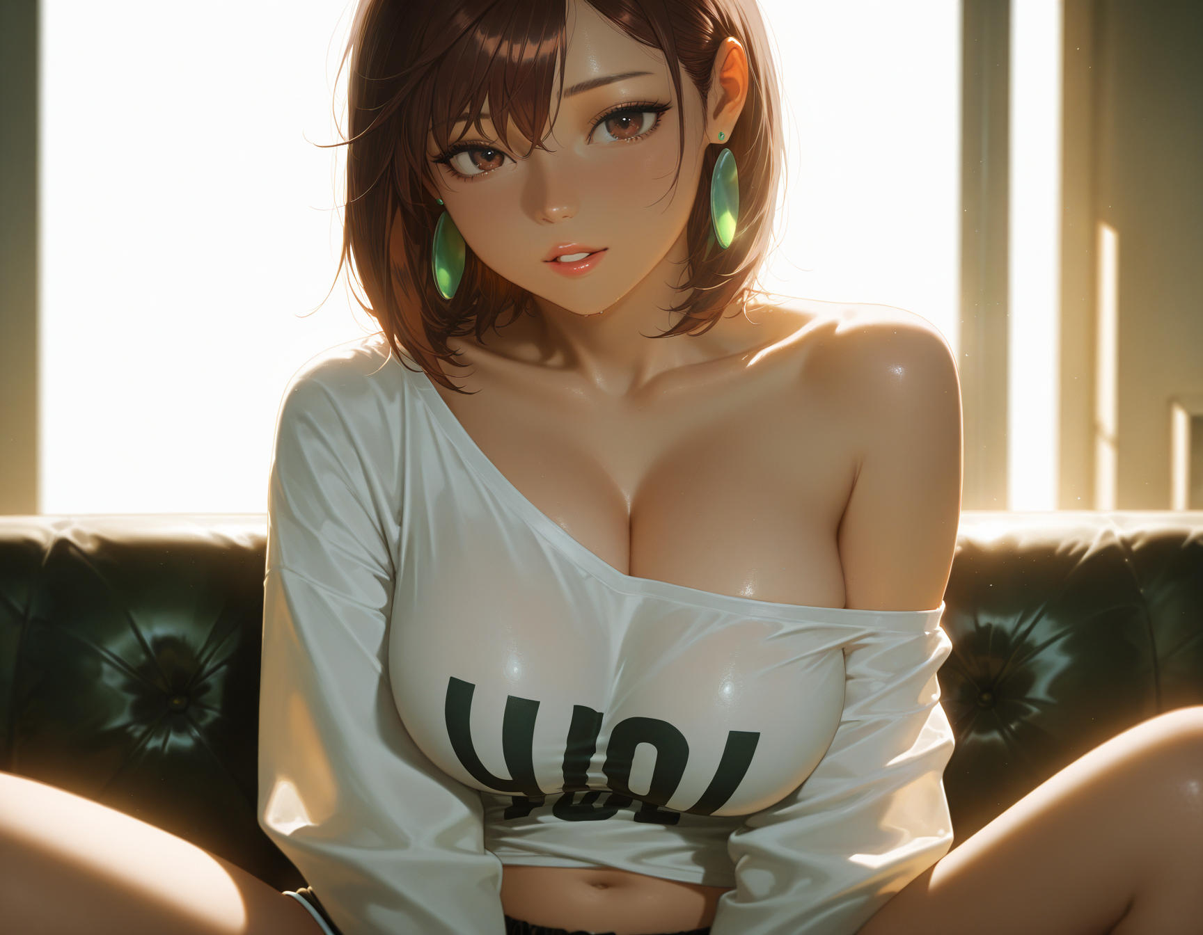 1girls, ai generated, ayase momo, backlighting, breasts, brown eyes, brown hair, cleavage, clothes writing, collarbone, couch, dandadan, drop earrings, earrings, female, indoors, jewelry, large breasts, lips, long sleeves, looking at viewer, makeup, meitabuu, midriff, midriff peek, momo ayase, navel, off shoulder, off-shoulder shirt, parted lips, red lips, shirt, short hair, short shorts, shorts, single bare shoulder, sitting, solo, spread legs, white shirt