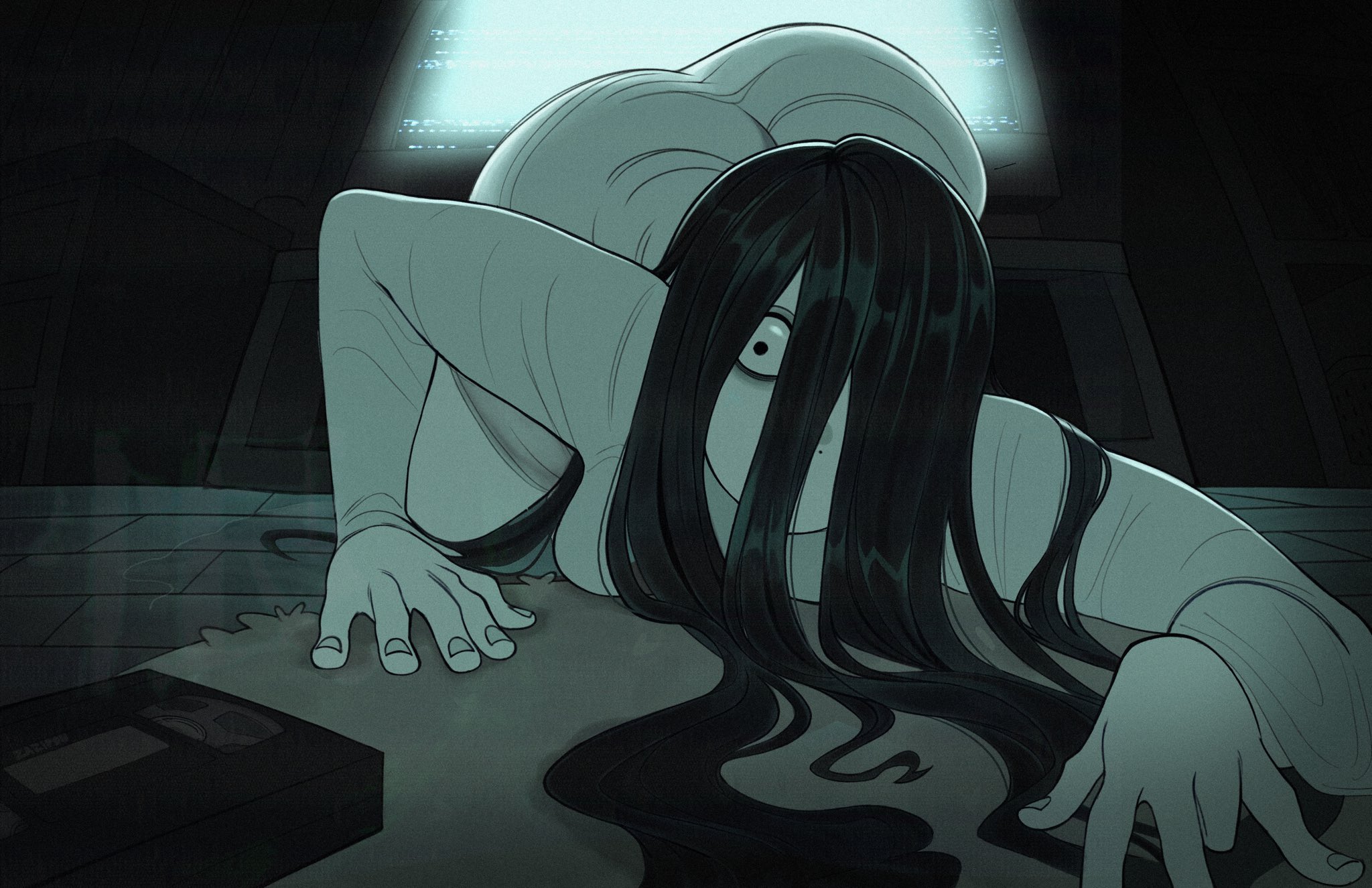 1girls, 2025, ass, ass up, black hair, clothed, clothing, crawling, face down ass up, female, female only, ghost, ghost girl, hair over one eye, hi res, kneeling, portal, sadako yamamura, solo, spicyzaz, television, the ring, white body, yamamura sadako, zazipou