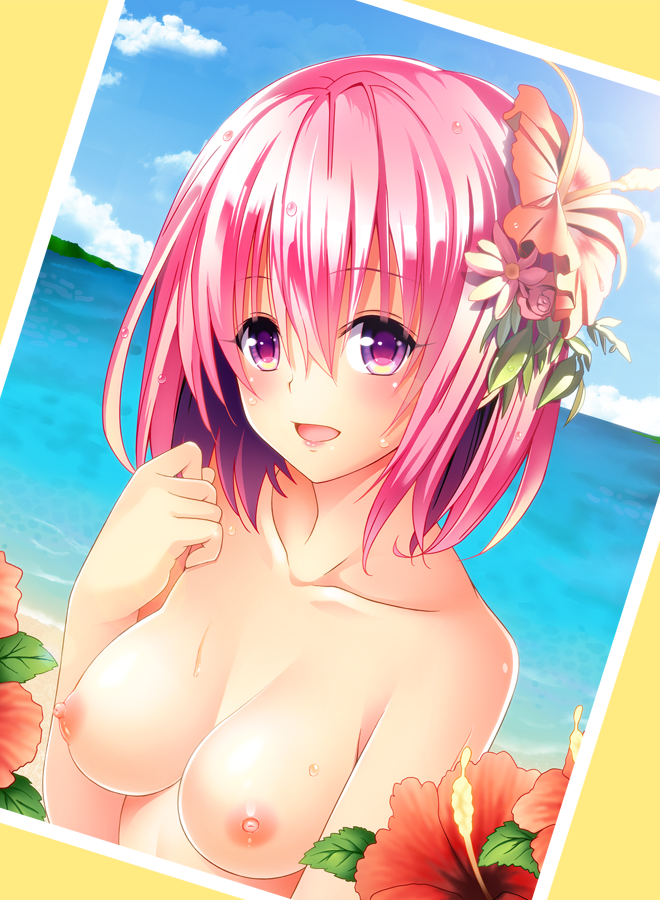 :d beach blue_sky blush breasts cloud collarbone day female ffcreatyuuki flower food fruit hair_between_eyes hair_flower hair_ornament head_tilt hibiscus horizon horny leaf looking_at_viewer medium_breasts momo_velia_deviluke nipples ocean open_mouth outdoors photo_(object) pink_eyes pink_hair plant purple_eyes revision sand shore short_hair simple_background sky smile solo sunlight sweat sweatdrop tareme to_love-ru topless upper_body water white_border yellow_background