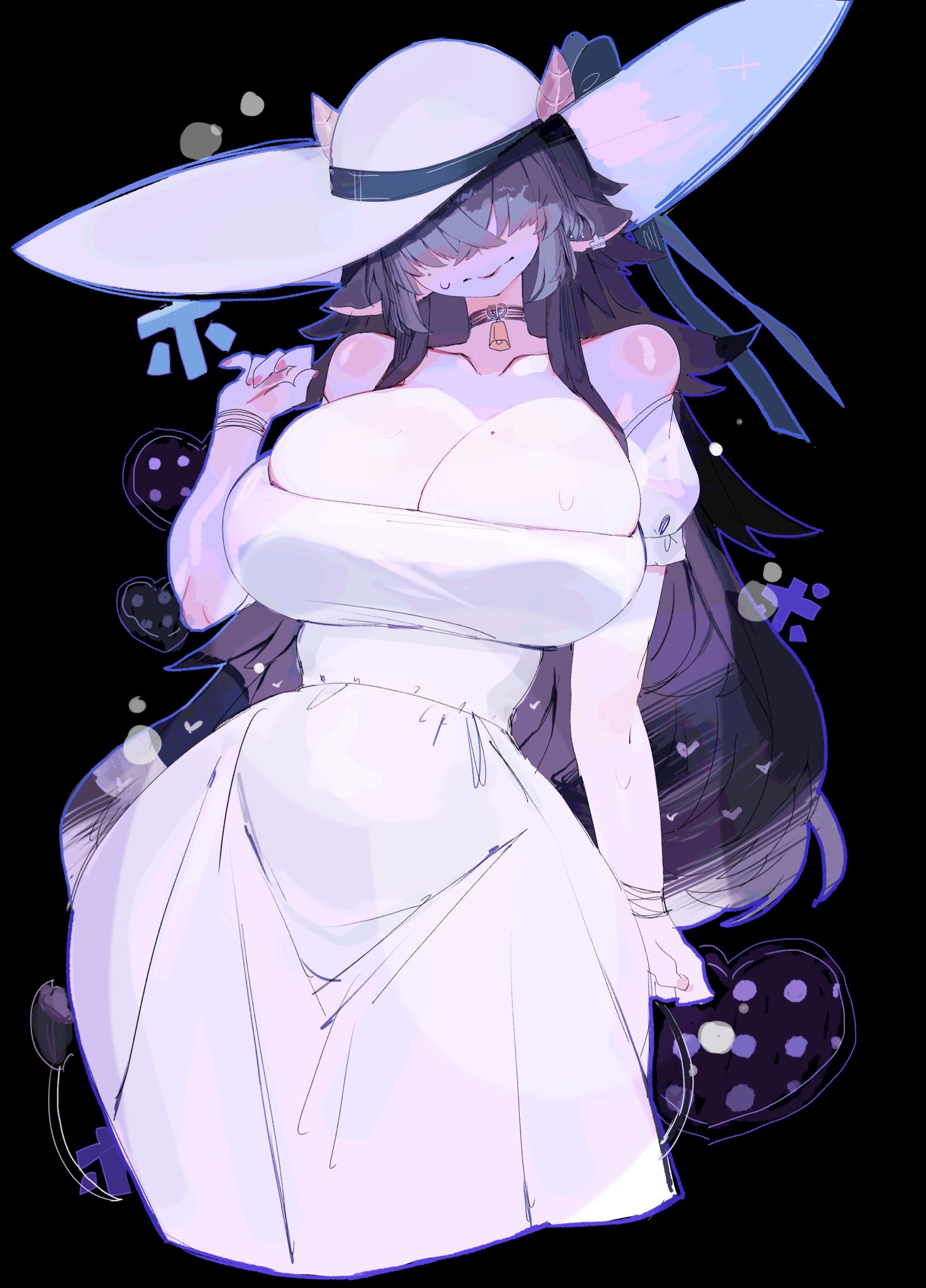 1girls, 2025, animal ears, bare shoulders, big breasts, black background, black hair, breasts, clothed, clothing, curvy, curvy figure, female, female only, hair between eyes, hat, hi res, jampulse, light skin, light-skinned female, long hair, oc, original, original character, simple background, solo, sweat, sweatdrop, thick thighs, thighs, usa37107692, white body, wide hips