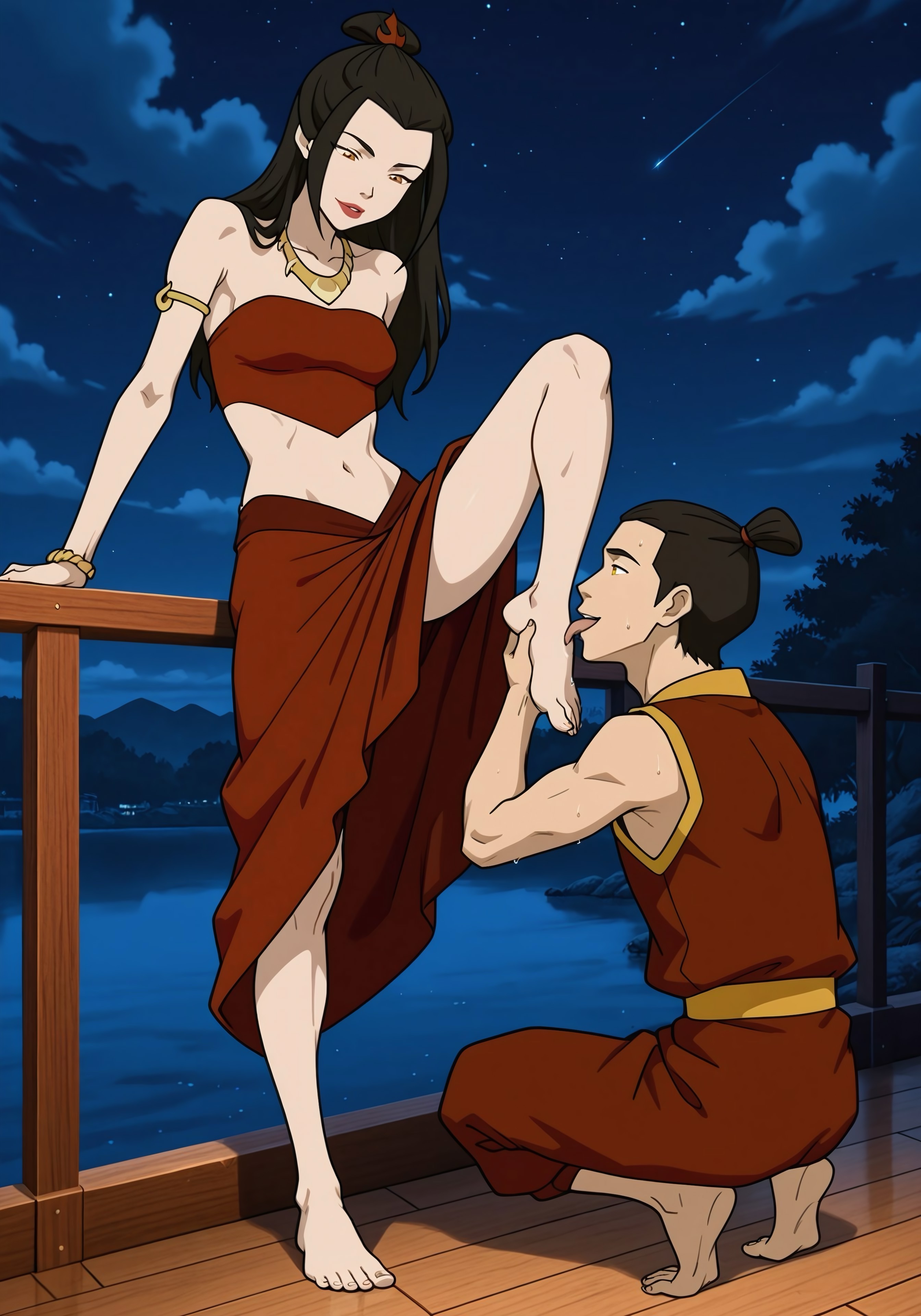 ai generated, avatar the last airbender, azula, black hair, breasts, feet, female, femdom, leg up, legs, licking foot, nickelodeon, night, pale skin, petite, royalty, small breasts