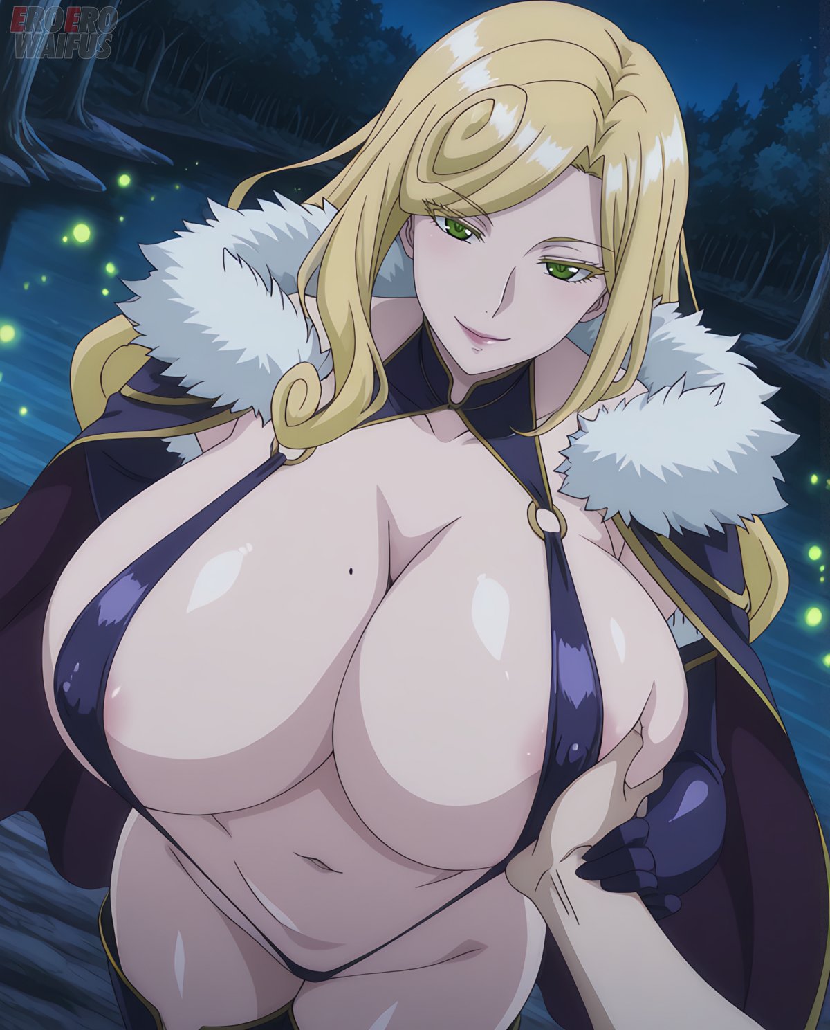 1boy, 1girls, ai generated, bare thighs, blonde hair, breast grab, breasts, breasts bigger than head, eroero waifus, female, gigantic breasts, green eyes, huge breasts, huge thighs, katsute kami datta kemonotachi e, light skin, light-skinned female, liza runecastle, long hair, looking at viewer, male, massive breasts, mature female, sling bikini, slingshot swimsuit, smiling, squatting, sweat, sweatdrop, thick body, thick female, thick thighs, thighs, voluptuous, voluptuous female