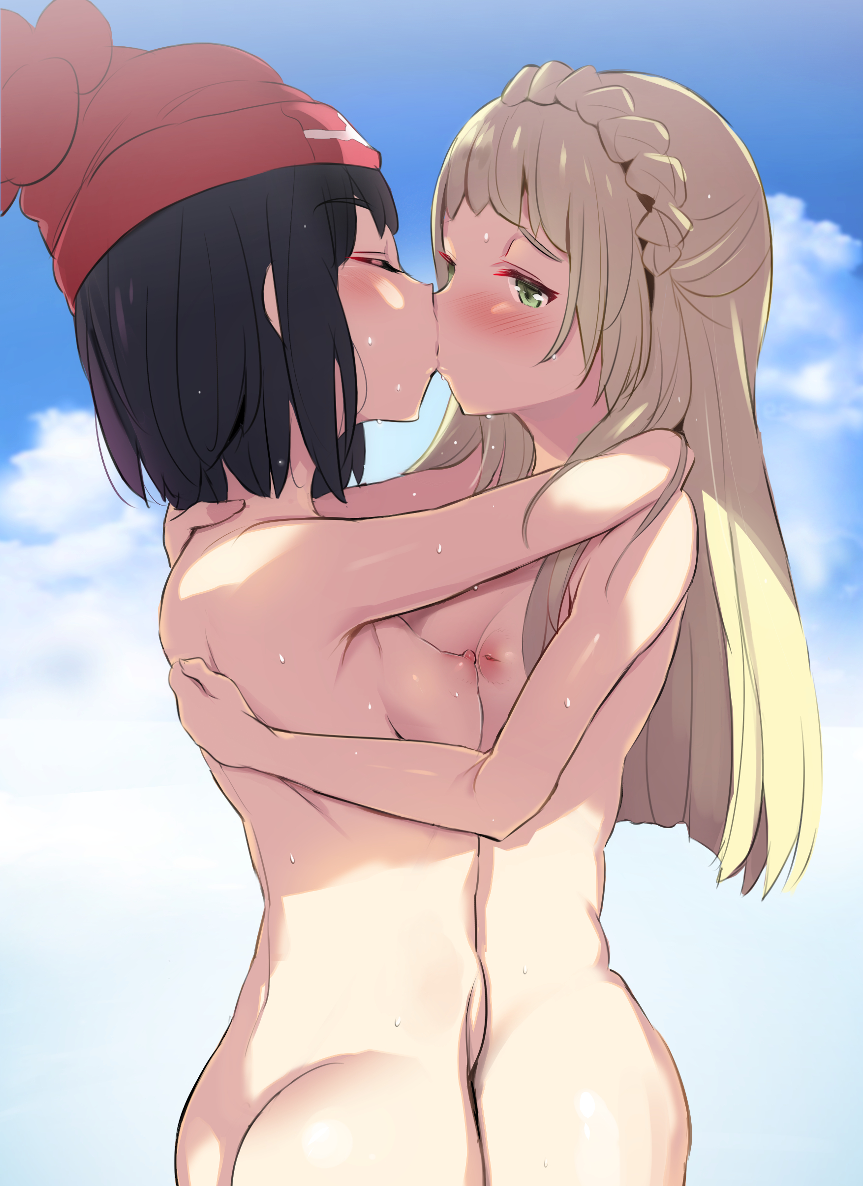 2girls, absurdres, ass, back, bangs, beanie, black hair, blonde hair, blue sky, blunt bangs, blush, braid, breast press, breasts, closed eyes, cloud, cloudy sky, crown braid, day, female, female only, green eyes, hat, highres, hug, human, human only, inverted nipples, kissing, lillie (pokemon), long hair, looking at another, multiple females, multiple girls, noripachi, nude, perky breasts, pokemon, pokemon sm, selene (pokemon), short hair, sky, small breasts, sweat, yuri