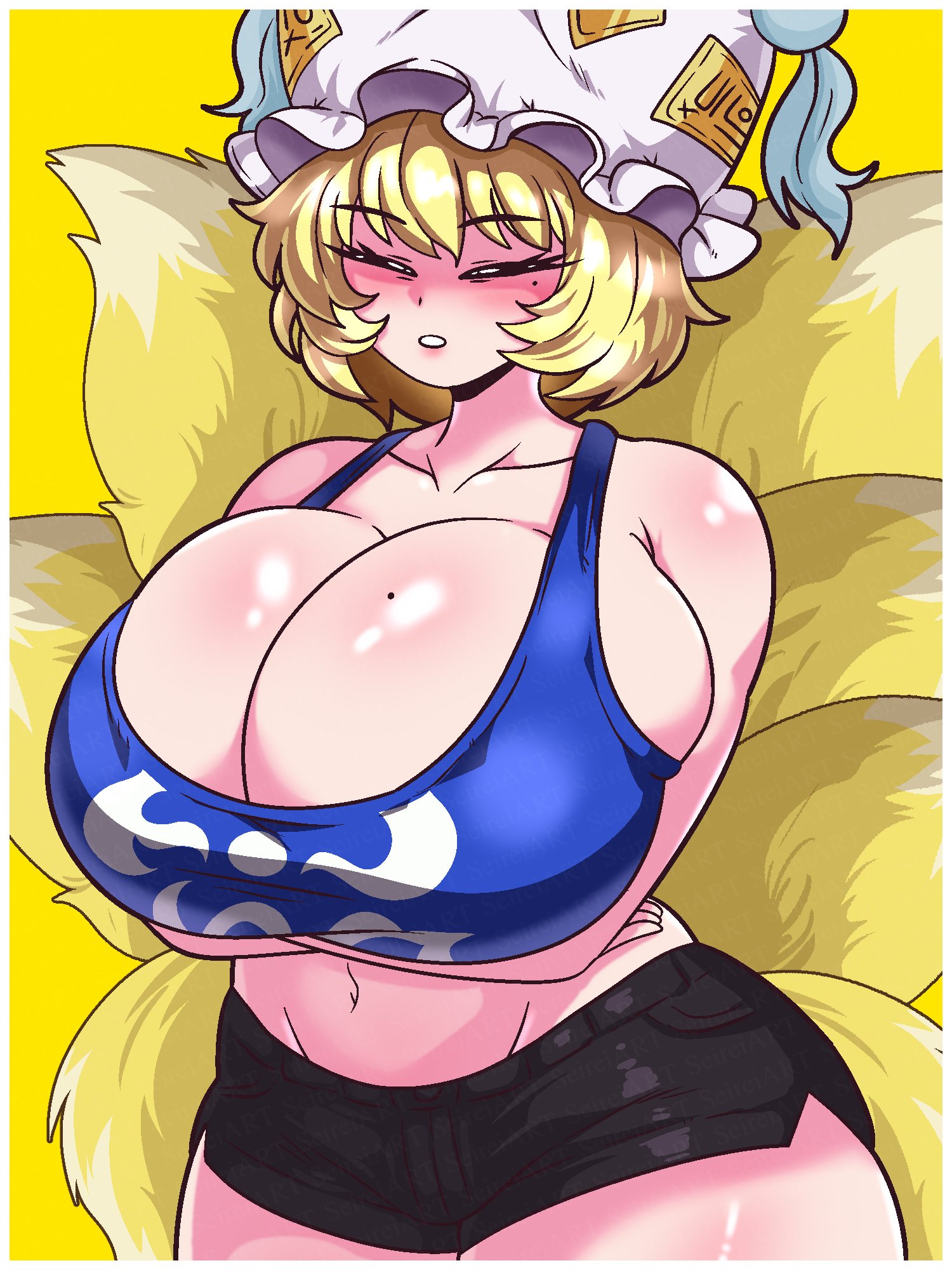 1girls, 9 tails, arms crossed, bare shoulders, bare thighs, big breasts, breasts, closed eyes, female, female only, fox, fox girl, fox tail, hat, huge breasts, light skin, light-skinned female, ran yakumo, seireiart, shirt, short hair, shorts, simple background, solo, stomach, thick thighs, thighs, touhou, touhou project, white skin, yakumo ran, yellow background, yellow hair