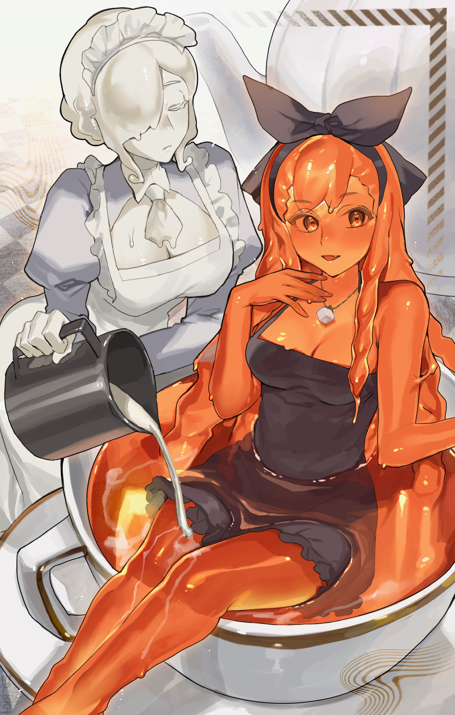 2girls, big breasts, black dress, black ribbon, breasts, coffee, coffee cup, creamer, dress, female, female only, food creature, food humanoid, goo girl, huge thighs, humnoid, long hair, maid, maid headdress, medium breasts, micro female, oc, oc (sakoku), orange eyes, orange hair, orange skin, original character, personification, sakoku, slime, slime girl, smile, thighs, tie, white eyes, white skin