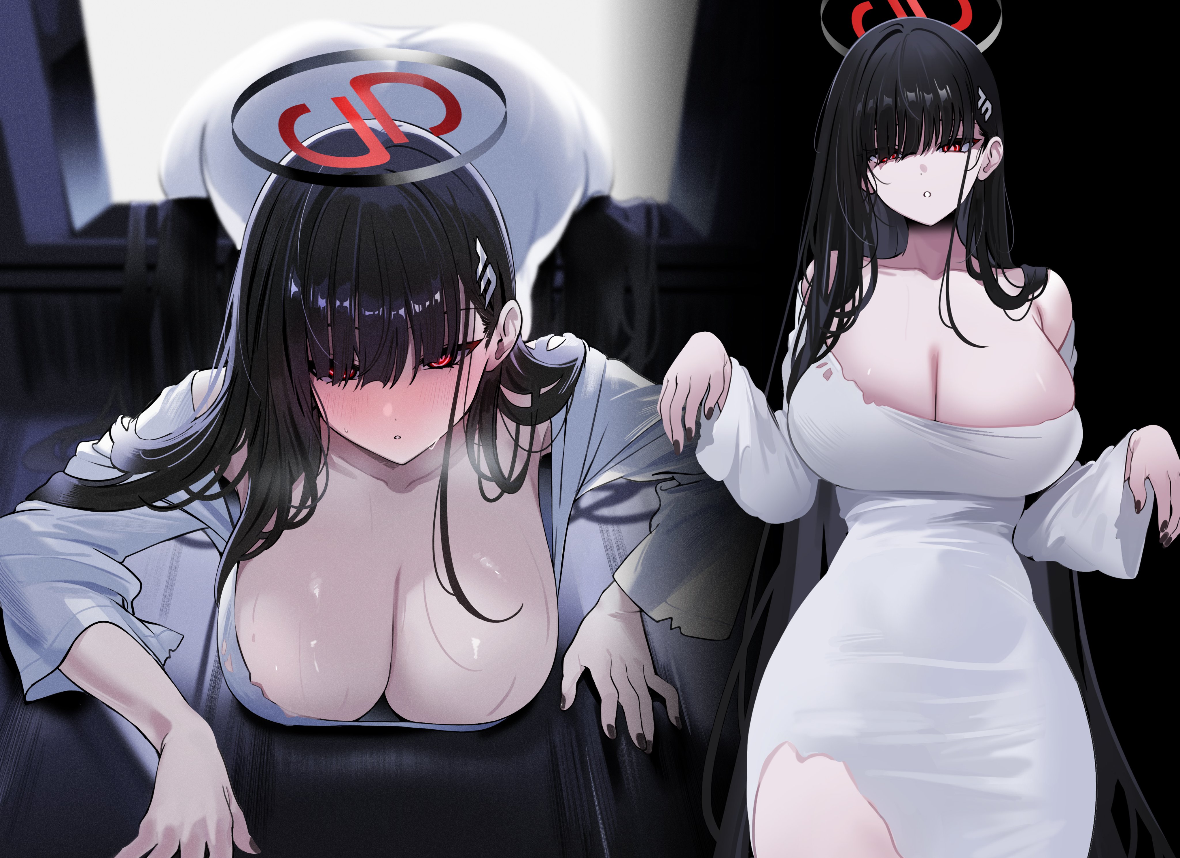 1girls, ass, ass up, big breasts, black hair, blue archive, breasts, clothed, clothing, curvy, curvy figure, female, female only, halloween, halloween costume, light skin, light-skinned female, long hair, looking at viewer, looking down, lying down, millennium science school student, portal, red eyes, reference image, rio (blue archive), solo, television, tv, tv screen, yuki (asayuki101)