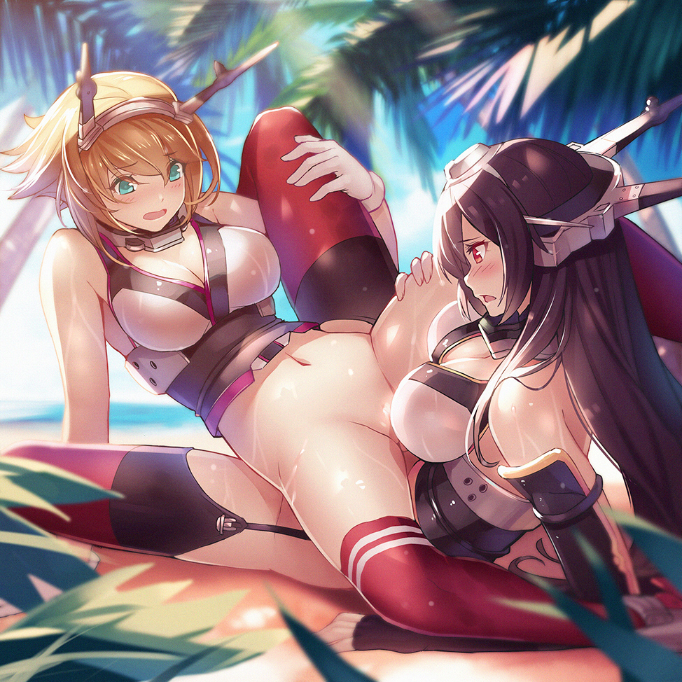 2girls, breasts, brown hair, cleavage, female, kantai collection, multiple females, multiple girls, mutsu (kantai collection), nagato (kantai collection), no panties, scissoring, tribadism, yellow hair, yuri