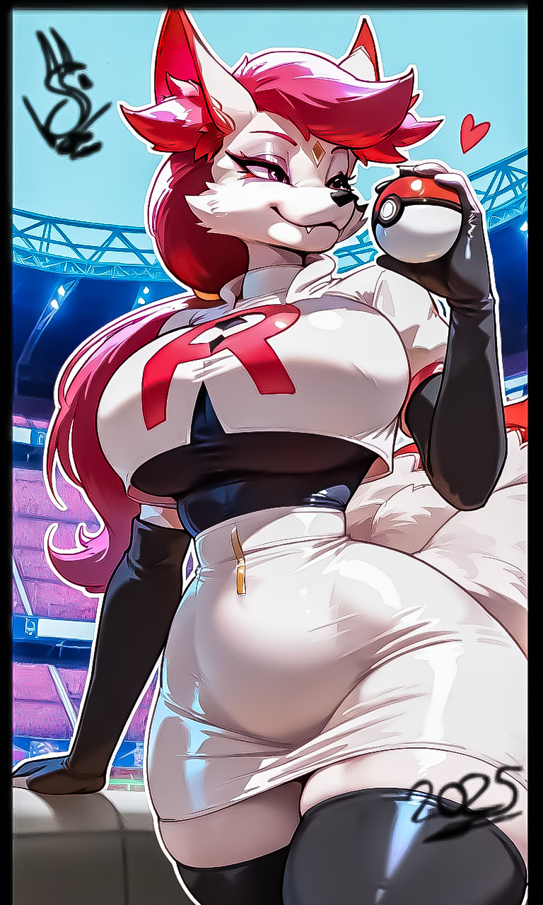 1girls, 2025, 2025s, 5 tails, ai assisted, ai generated, animal ears, anthro, anthro female, anthrofied, armwear, big breasts, big thighs, blush, body fur, breasts, canid, canine, canis, cosplay, crossover cosplay, elbow gloves, epic games, fang, fang out, female, female anthro, female focus, female only, fortnite, fortnite: battle royale, fox, fox ears, fox girl, fox humanoid, fox tail, foxgirl, fur, furry, furry female, game freak, gloves, handwear, heart, heart symbol, high quality, high resolution, holding, holding object, holding poke ball, holding pokeball, illustrious (stable diffusion), jessie (pokemon), jessie (pokemon) (cosplay), kimiko (fortnite), kimiko five tails, kimiko five-tails, kitsune, large breasts, large thighs, legwear, long hair, looking at viewer, multi tail, nintendo, pink hair, poke ball, pokeball, pokemon, pokemon (anime), pokemon (classic anime), pokemon (franchise), pokemon (trainer), pokemon trainer, pokemon trainer (cosplay), pony diffusion (model), pony diffusion xl, red eyes, sdrawsasmer, skirt, smile, smiling, smiling at viewer, smug, smug face, smug smile, solo, solo female, solo focus, stable diffusion, standing, tail, tails, team rocket, team rocket uniform, teeth, thicc, thicc thighs, thick, thick hips, thick legs, thick thighs, thigh highs, thighhighs, thighs, video games, white body, white fur, wide hips