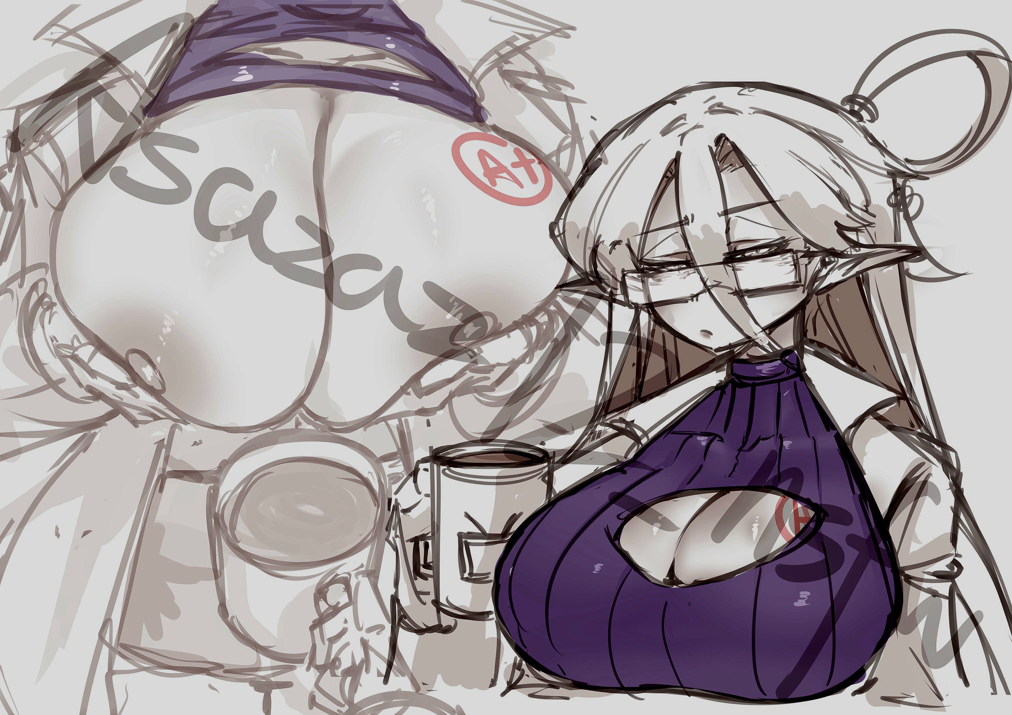 2d, 2d (artwork), a+, apluss, asazaz12 nsfw (artist), breasts, coffee, cup, cup of coffee, cup of milk, grabbing own breast, huge breasts, humanization, humanized, labcoat, large breasts, milk, milking breasts, purple sweater, rule 63, scientist tv woman (skibidi toilet), scientist tvman (skibidi toilet), showing breasts, skibidi toilet