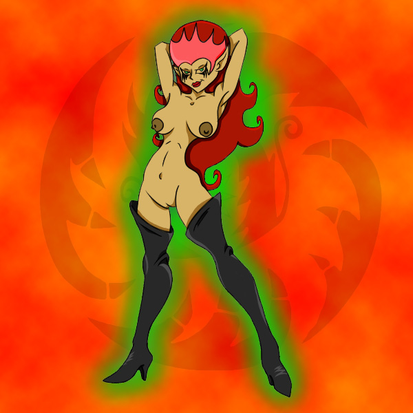 1girls big_breasts boots breasts dark-skinned_female dark_skin darknazawrath female female_only glowing green_eyes legs lipstick long_hair nipples nude pussy red_hair smile solo witch wuya xiaolin_showdown