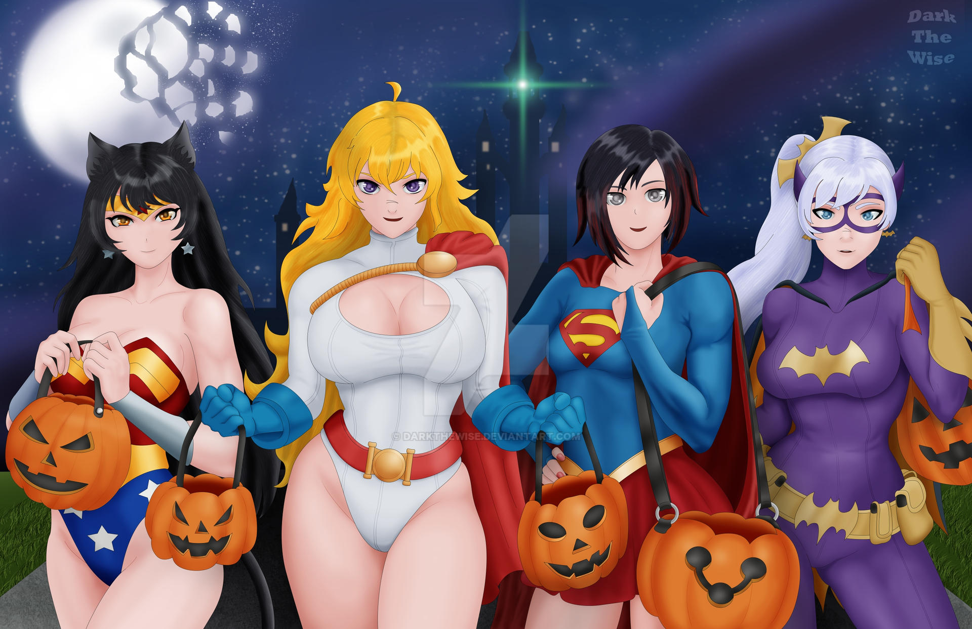 4girls, animal ears, batgirl (cosplay), batman (series), big breasts, black hair, blake belladonna, blonde hair, blue gloves, breasts, cat ears, colored, cosplay, crossover cosplay, darkthewise, dc, dc comics, earrings, female, female only, half-sisters, halloween, highres, large breasts, lavender eyes, long hair, multicolored hair, multiple females, multiple girls, ponytail, power girl (cosplay), red hair, ruby rose, rwby, short hair, silver eyes, sisters, supergirl (cosplay), superman (series), weiss schnee, white hair, wonder woman (cosplay), wonder woman (series), yang xiao long