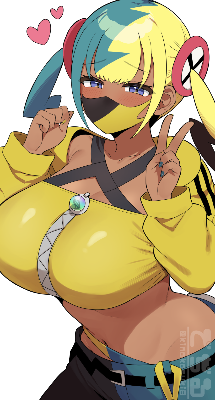 1girls, bandeau, belt, black halterneck, black mask, blonde hair, blue eyes, blue hair, blue nails, blush, breasts, canari (pokemon), canary (pokemon), cleavage, collarbone, criss-cross halter, crop top, cropped jacket, dark skin, dark-skinned female, fellatio gesture, female, game freak, hair ornament, halterneck, heart, highres, jacket, jacket open, kinakosuki, large breasts, long hair, long sleeves, looking at viewer, mask, midriff, mouth mask, multicolored hair, multicolored mask, multicolored pants, nail polish, navel, nintendo, open jacket, pants, pokemon, pokemon legends: z-a, simple background, solo, twintails, two-tone mask, two-tone pants, v, white background, yellow bandeau, yellow jacket, yellow jacket (clothing), zipper, zipper pull tab