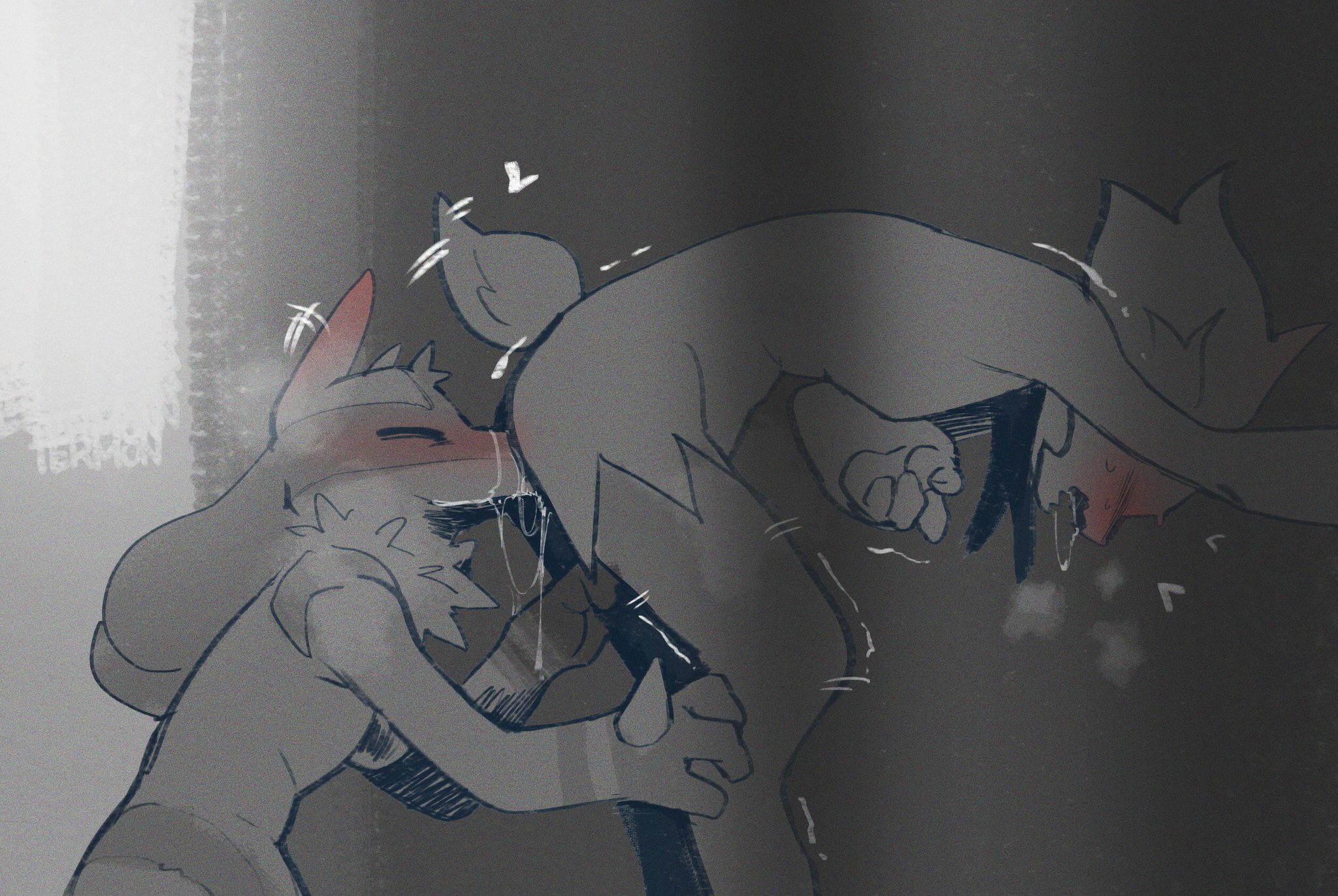 anthro, ass juice, behind building, blush, canine, closed eyes, drooling, eating, eating ass, feline, gay, gay male, generation 4 pokemon, generation 9 pokemon, hand on leg, hand on thigh, heavy breathing, lucario, male, male only, male/male, meowscarada, nintendo, pokemon, public, public nudity, samu (sincastermon), sincastermon, tagme, vine (sincastermon), wagging tail, yaoi