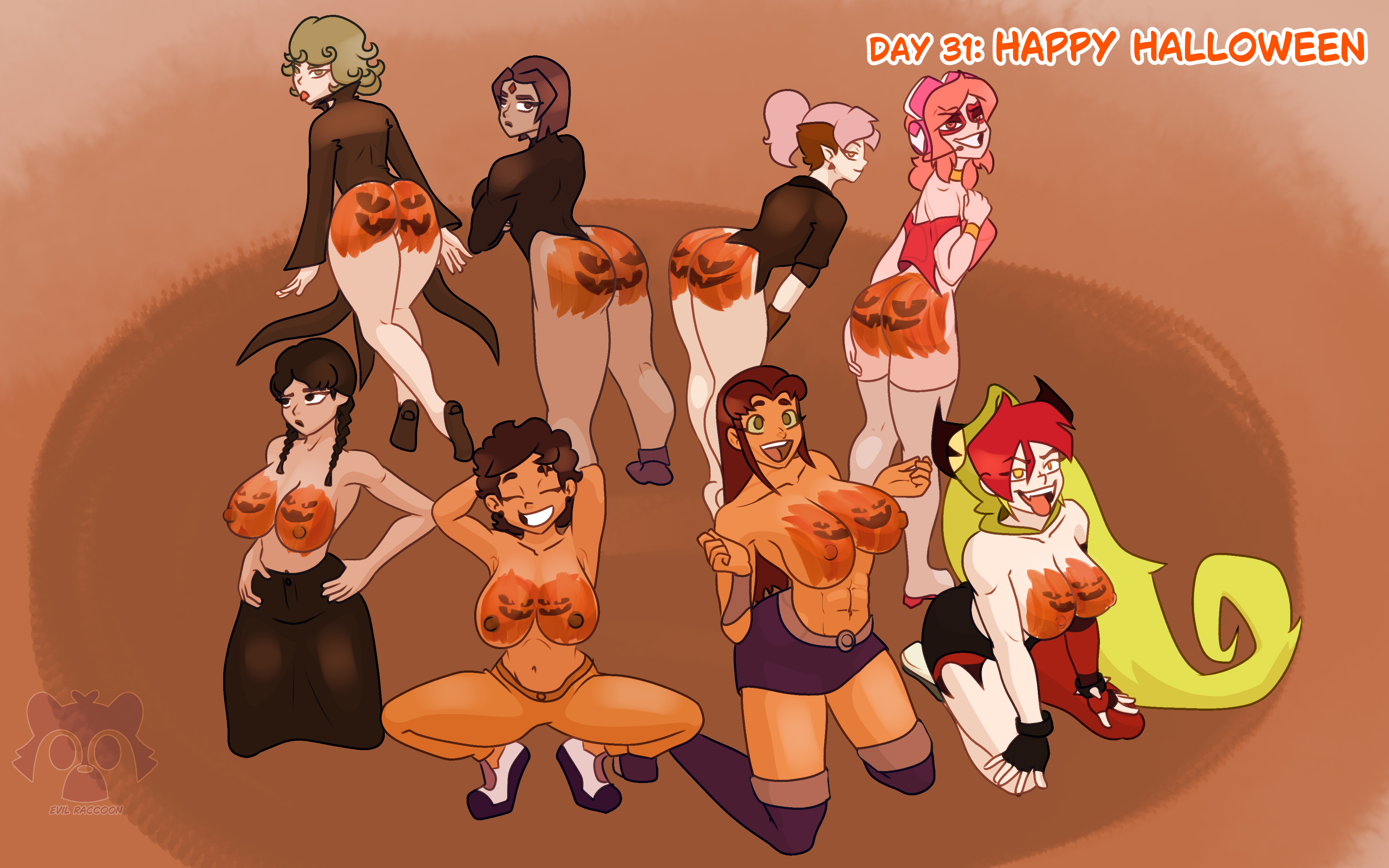 abs, amity blight, anime, armpits, big ass, big breasts, bodypaint, braid, braided hair, braids, breasts, cape, cartoon network, closed eyes, crossed arms, crossover, dark skin, dc, dc comics, demencia (villainous), disney, dyed hair, evil raccoon, evil smile, fangs, female, female only, gloves, green eyes, green hair, grey body, grey skin, halloween, inktober, kinktober, kneeling, koriand'r, latina, latina female, long hair, long skirt, luz noceda, massive ass, massive breasts, medium breasts, miniskirt, miss heed (villainous), multiple girls, one-punch man, orange body, orange skin, painted breasts, painted butt, painting, pale skin, pink body, pink eyes, pink hair, pink skin, pointy ears, ponytail, pumpkin, purple eyes, purple hair, rachel roth, raven (dc), red hair, small breasts, smile, squatting, starfire, tatsumaki, teen titans, the addams family, the owl house, thick, thick ass, thick thighs, thighs, tongue, tongue out, villainous, wednesday (netflix), wednesday addams