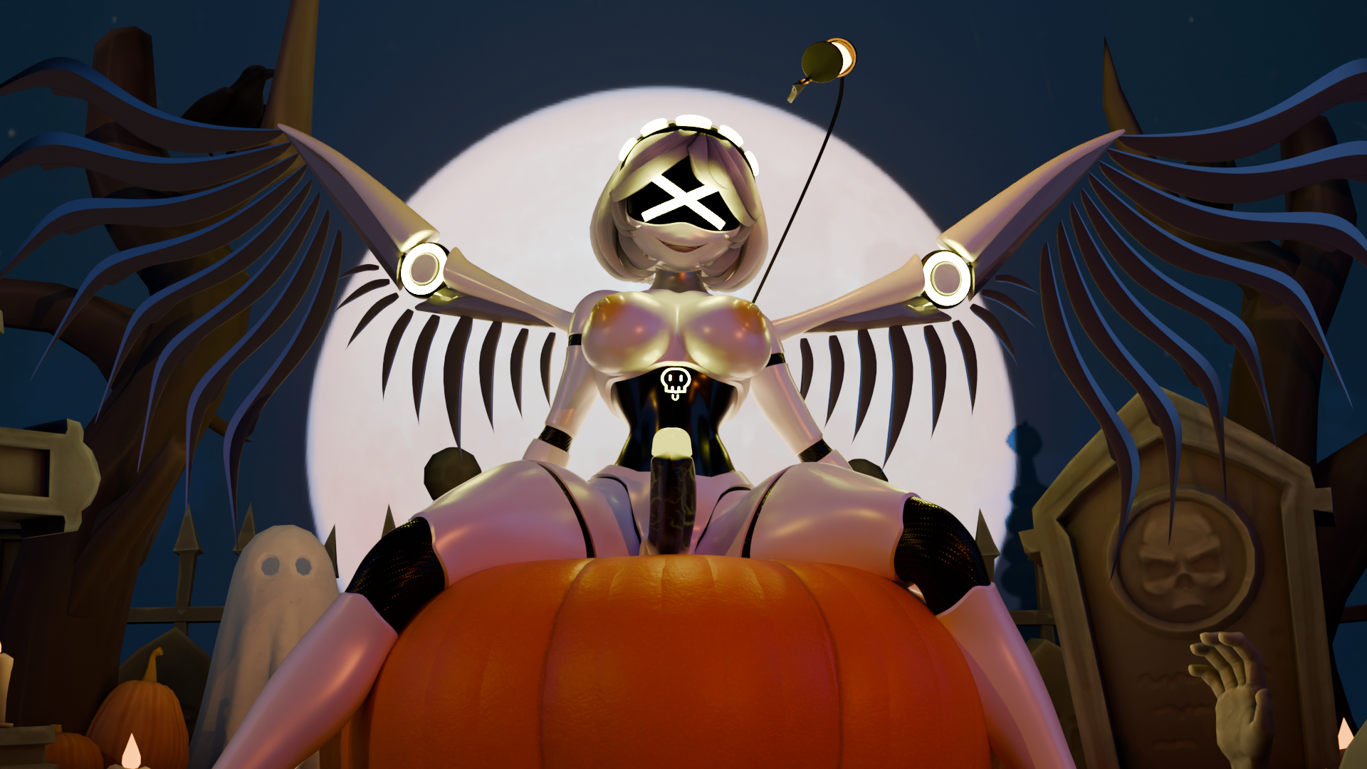 3d, big breasts, breasts, futanari, halloween, intersex, lappkinss, murder drones, penis, pumpkin, robot, robot futa, robot girl, sitting, solo, spread legs, v (murder drones), wings