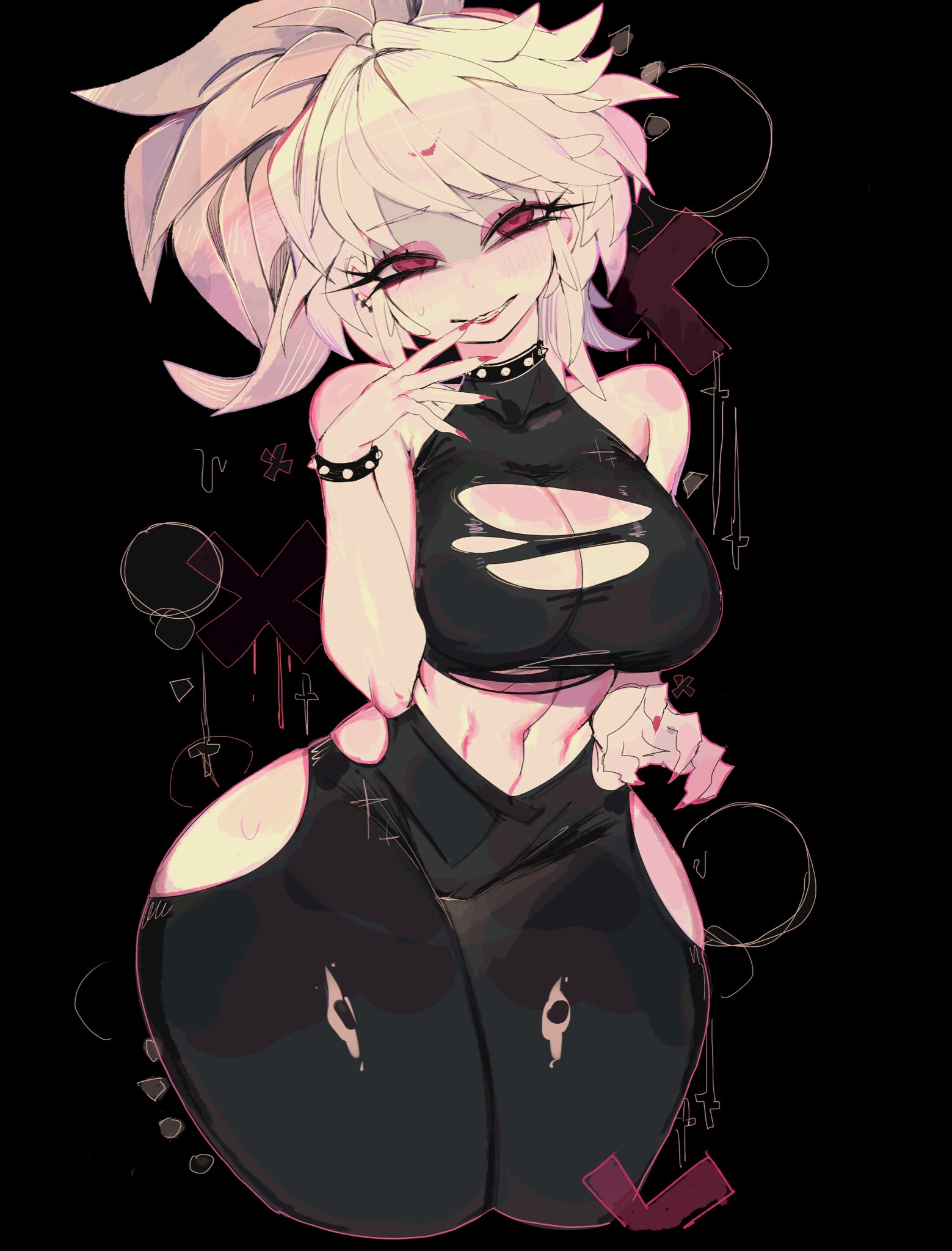 1girls, 2025, bare shoulders, big breasts, big thighs, black background, breasts, character request, curvy, curvy figure, female, female only, hi res, light skin, light-skinned female, looking up, oc, pink eyes, ponytail, simple background, smile, solo, stomach, thick thighs, thighs, torn clothes, usa37107692, white hair, white skin, wide hips