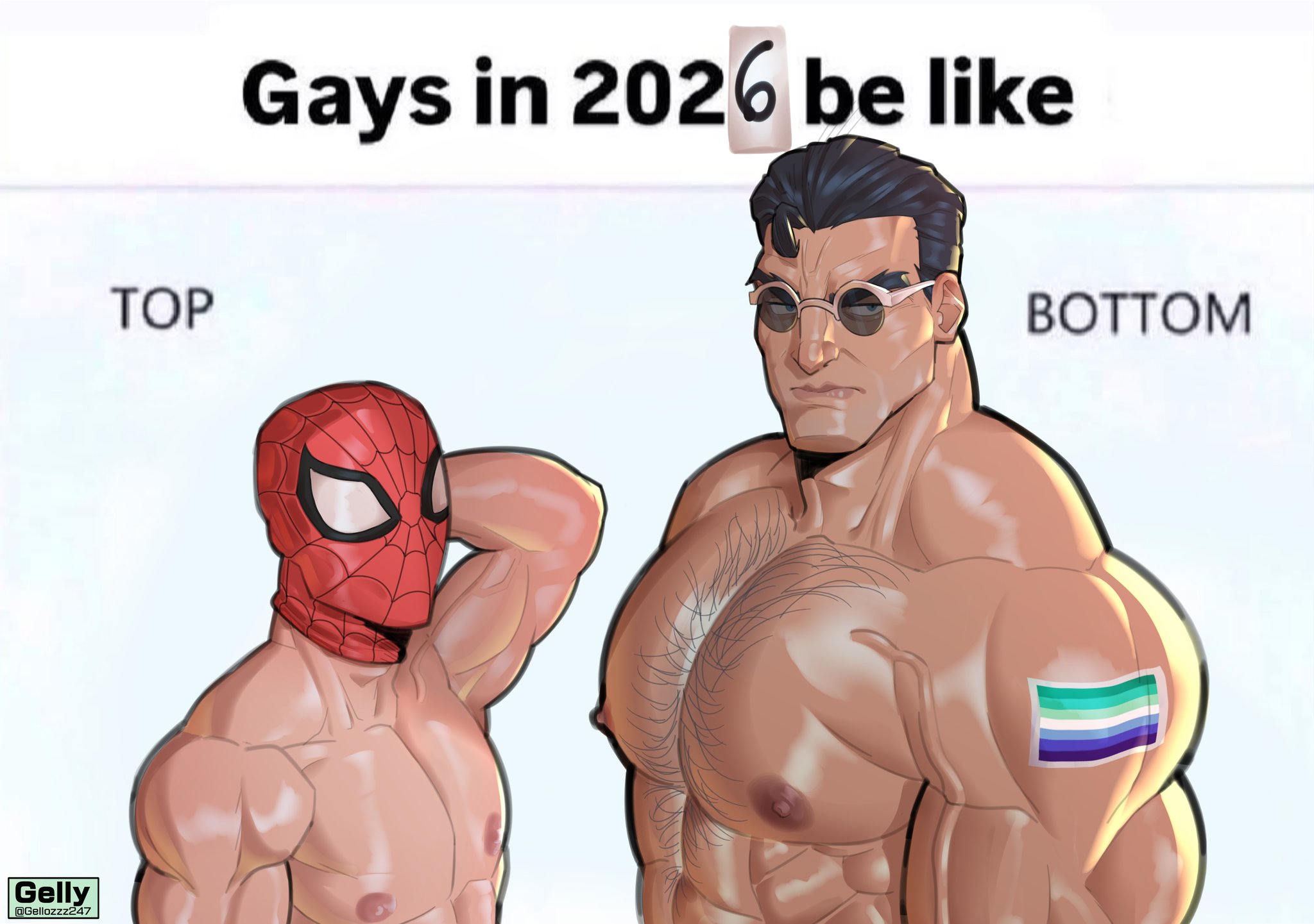 bara, big pecs, gay, gay flag, gay pride, gays in 2025 be like, gellozzz247, male, male focus, male only, marvel, marvel rivals, mask, masked, masked male, meme, mlm flag, muscular, muscular male, no visible genitalia, peter parker, punisher (aqua arsenal), punisher (francis castle), punisher (marvel rivals), size difference, small dom big sub, spider-man, spider-man (marvel rivals), sunglasses, vincian pride colors