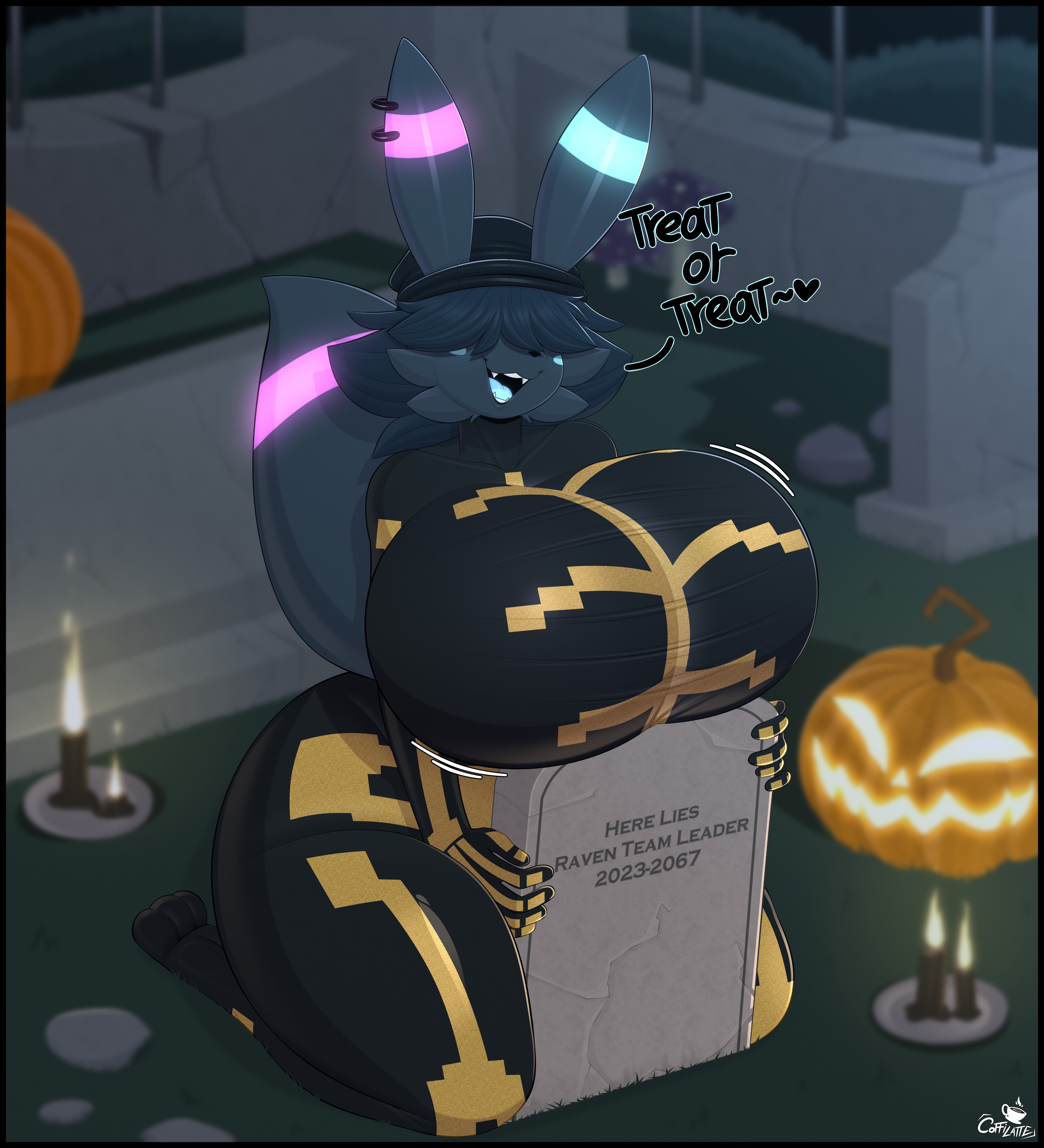 absurd res, anthro, anthro only, big breasts, black body, black fur, black hair, blue tongue, bodysuit, breasts, cemetery, clothed, clothed female, clothing, coffilatte, cosplay, costume, dialogue, eeveelution, english text, epic games, fangs, female, female anthro, female only, female pokemon, food, fortnite, fruit, fur, furry, furry female, furry only, generation 2 pokemon, hair, hair over eyes, halloween, halloween costume, hi res, holidays, huge breasts, huge thighs, hyper, hyper breasts, jack-o'-lantern, looking at viewer, night, nintendo, open mouth, outdoors, plant, pokemon, pokemon (species), pumpkin, skinsuit, solo, solo anthro, solo female, solo furry, spice (fortnite), tail, teeth, thick thighs, thighs, tight clothing, tombstone, tongue, umbreon
