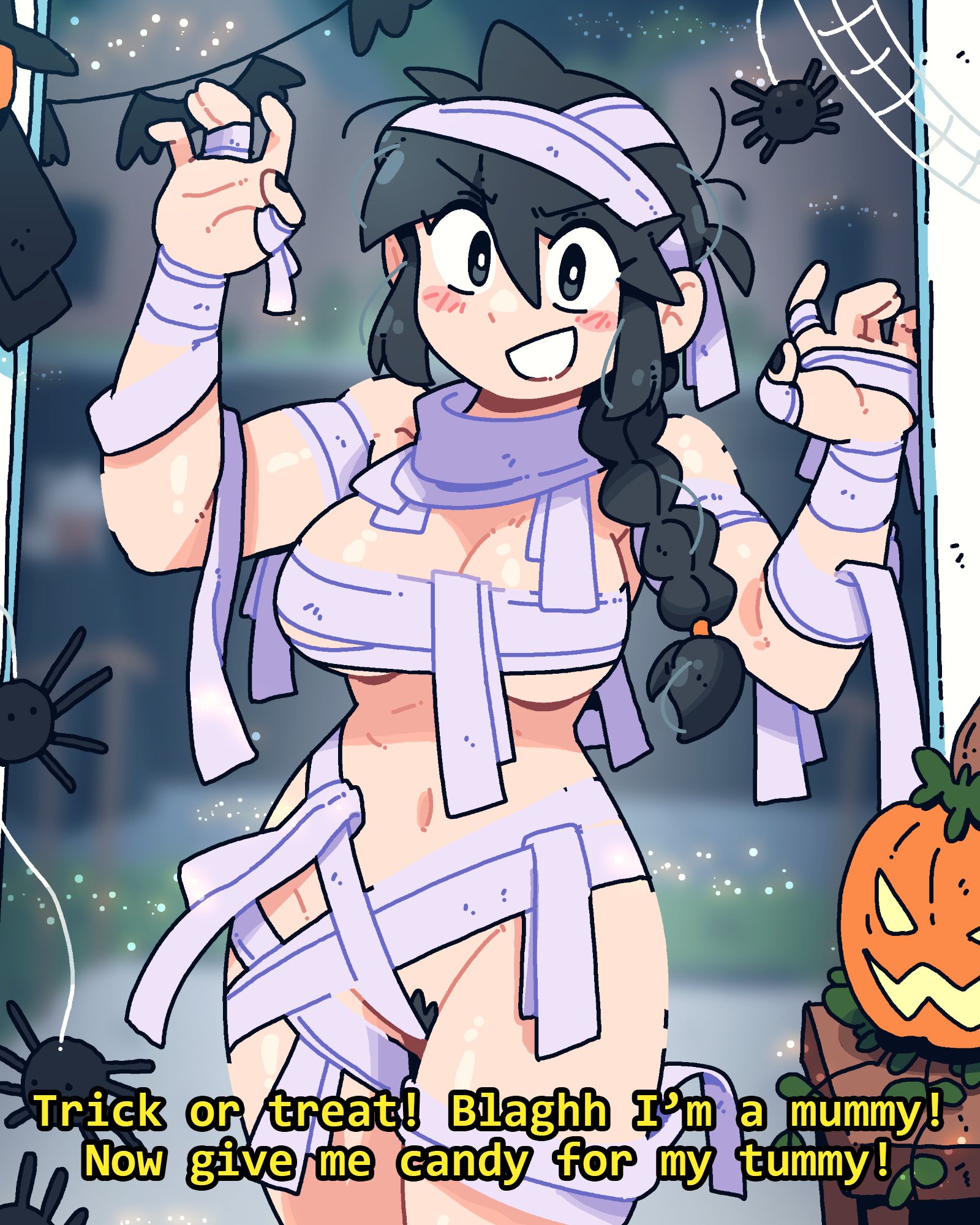 1girls, almost naked, black hair, braided ponytail, breasts, covered pussy, covering breasts, dialogue, english text, female, halloween, halloween decoration, large breasts, looking at viewer, lucia (scott malin), mummy costume, mummy wrappings, ponytail, pubic hair, pumpkin, pussy, scott malin, smiling at viewer, text, thighs