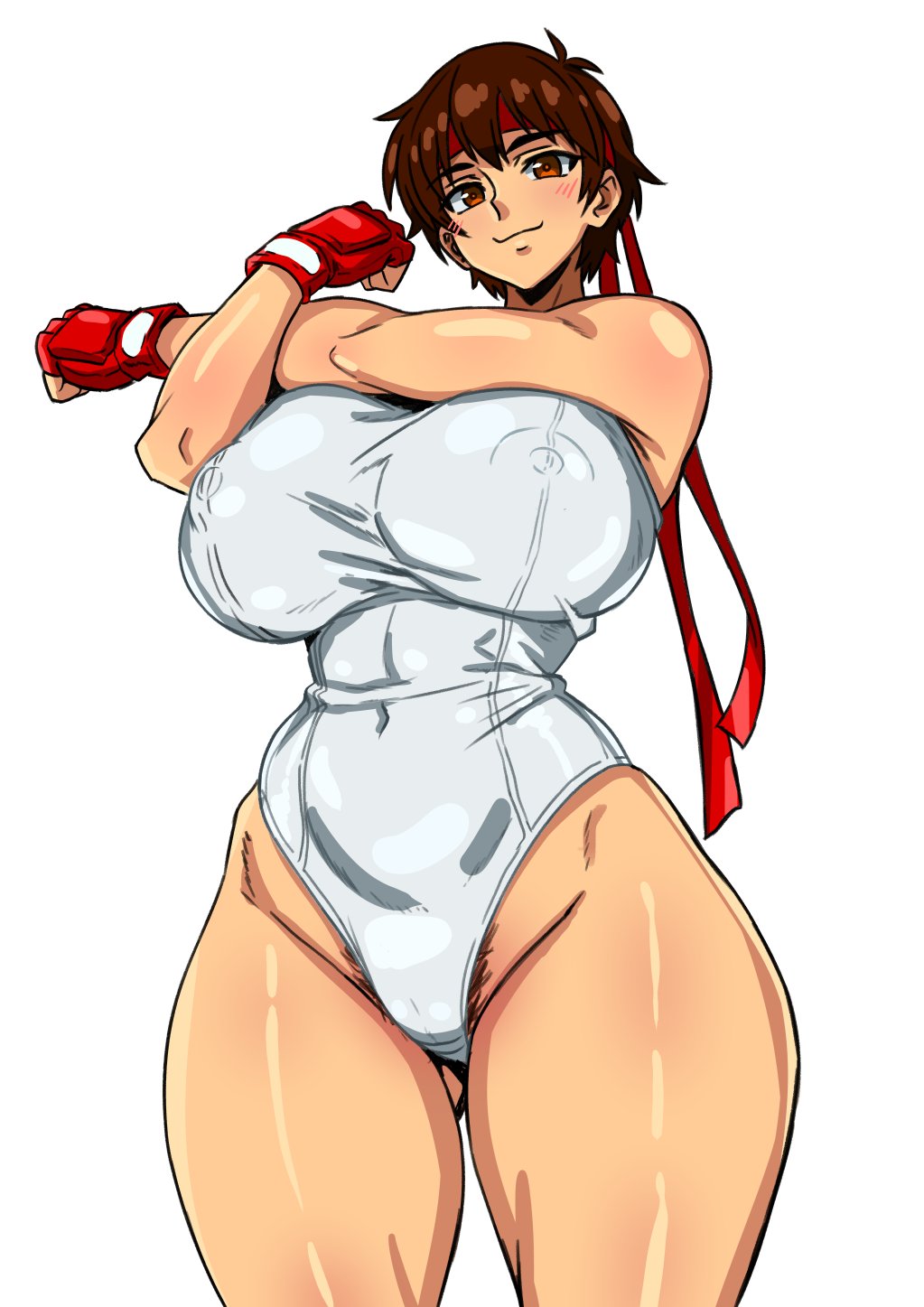 1girls, big breasts, duo kawa, huge breasts, looking at viewer, pubic hair, pubic hair peek, sakura kasugano, street fighter, stretching