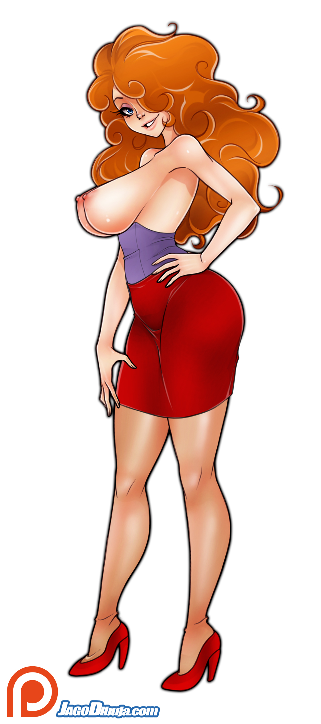 1girls, areola, big breasts, bimbo, blue eyes, breasts, busty, cleavage, curly hair, eyeshadow, female, hair over one eye, high heels, jago dibuja, lipstick, long skirt, makeup, nipples, powerpuff girls, red skirt, redhead, sara bellum, sideboob, skirt, stockings, voluptuous