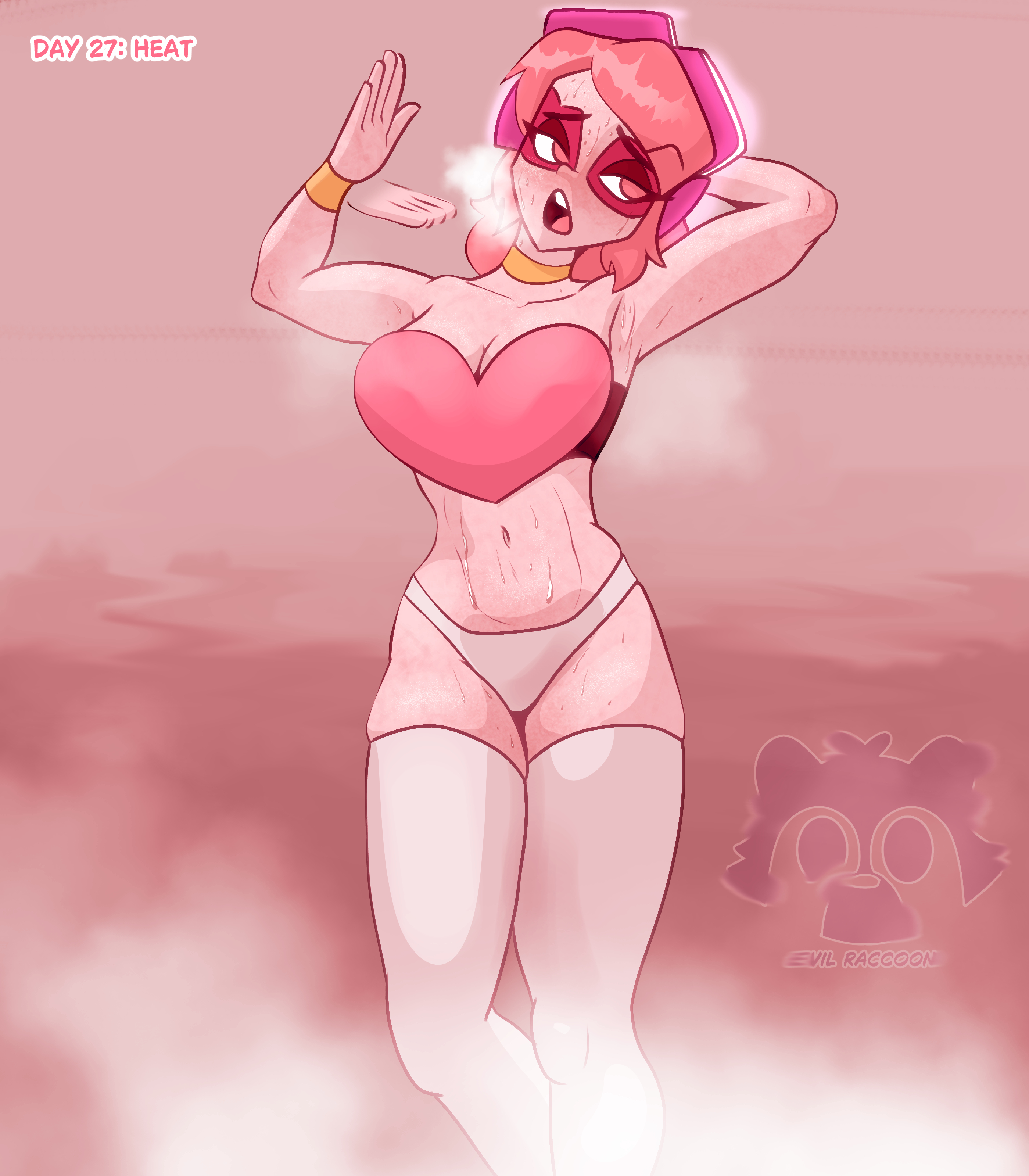 armpits, arms behind head, breasts, cartoon network, evil raccoon, female, heart, heat, hot, inktober, kinktober, medium breasts, miss heed (villainous), no pants, panties, pink body, pink eyes, pink hair, pink skin, sweat, sweatdrop, sweating, sweaty, sweaty body, thick thighs, underwear, villainous, white panties