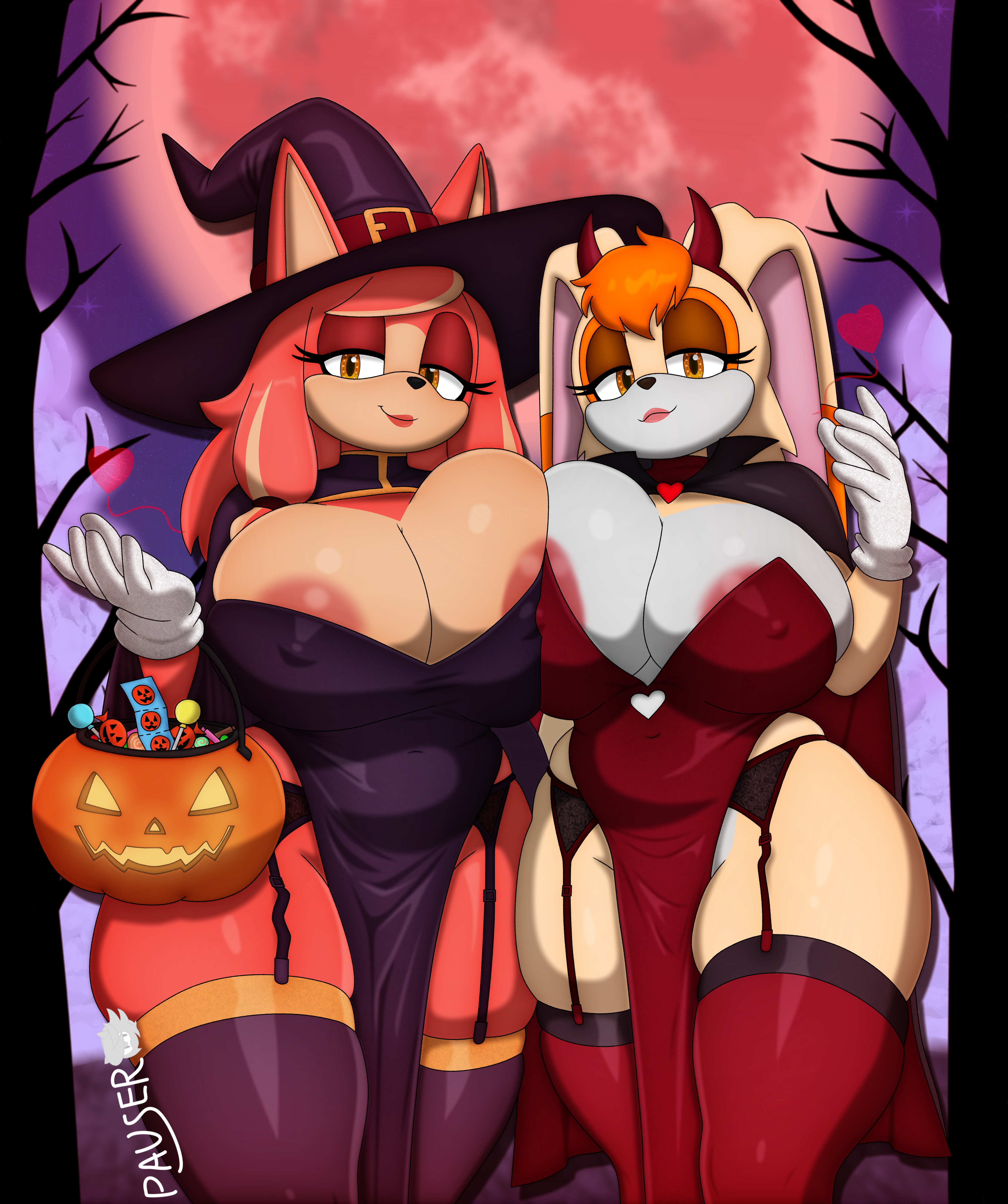 absurd res, anthro, ass, big breasts, big butt, breast squish, breasts, candy, clothing, condom wrapper, conductor's wife (sonic), dessert, duo, fake horns, female, female/female, flora (sonic), food, garter belt, garter straps, halloween, hat, headgear, headwear, heart symbol, hi res, holidays, legwear, mature female, moon, nipple outline, nipple slip, outside, pauser95, red moon, sega, sonic (series), sonic the hedgehog (series), squish, the murder of sonic the hedgehog, thick thighs, thigh highs, vanilla the rabbit, wide hips, witch hat