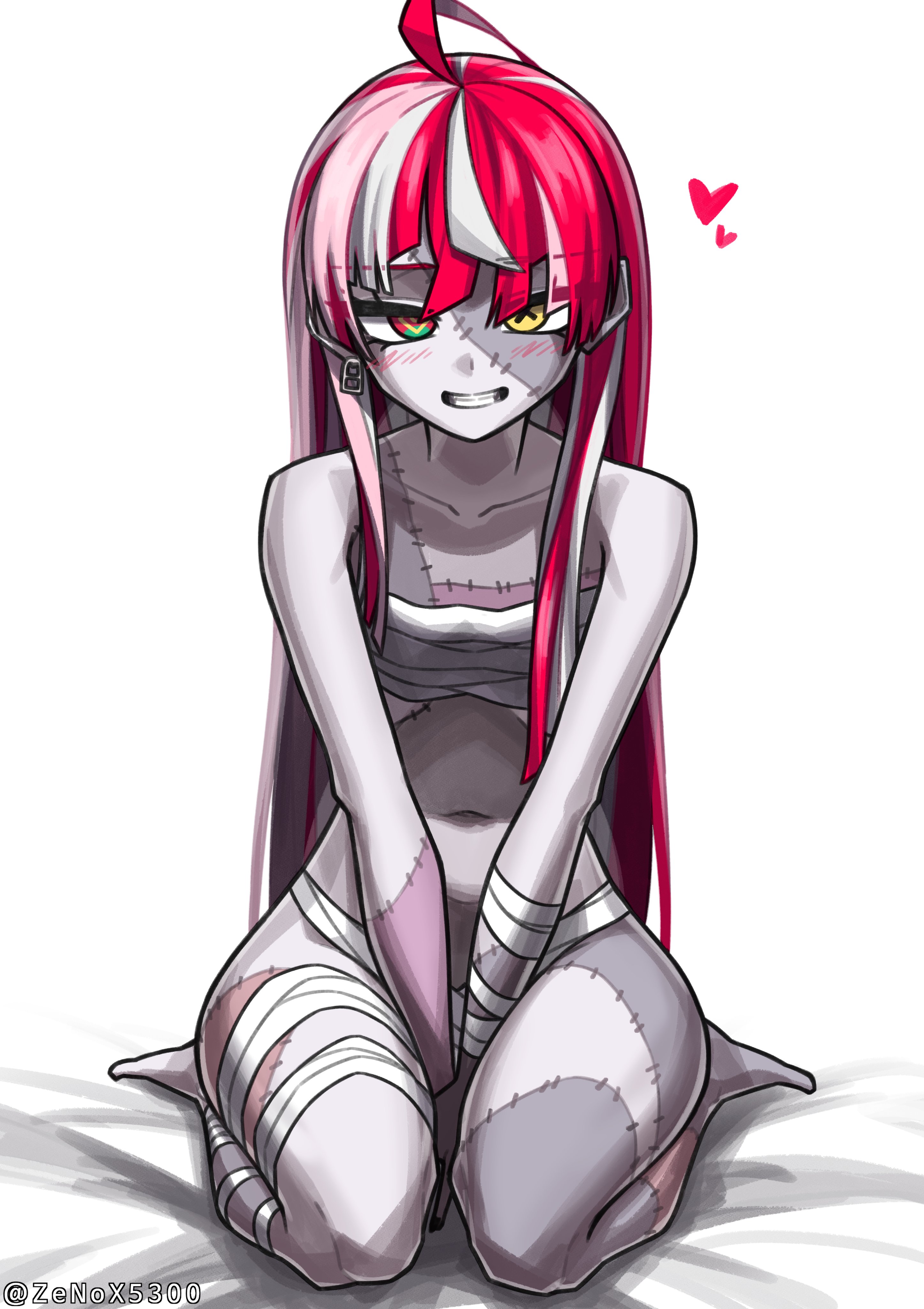 breasts, cute, female, grey body, heterochromia, hololive, hololive indonesia, hololive indonesia holoro, kureiji ollie, long hair, red hair, small breasts, small waist, smile, stitches, virtual youtuber, wraps, zenox5300, zombie, zombie girl