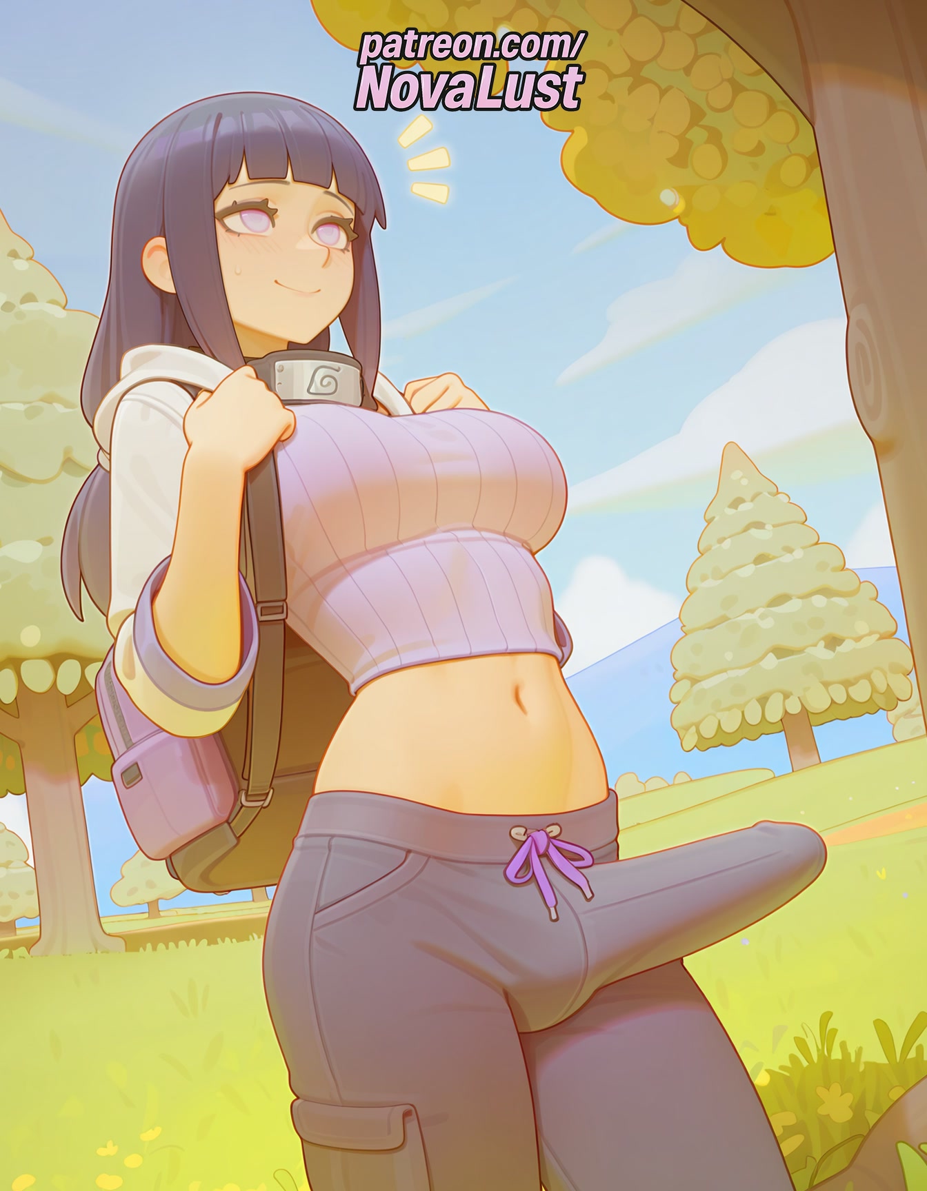 1futa, 2025, ai generated, artist name, backpack, bag, black hair, blunt bangs, breasts, bust, chest, cloud, day, futanari, hi res, high quality, high resolution, highres, hood, hyuuga hinata, intersex, midriff, naruto, naruto (series), navel, novalust, patreon, patreon username, sky, solo, stable diffusion, watermark