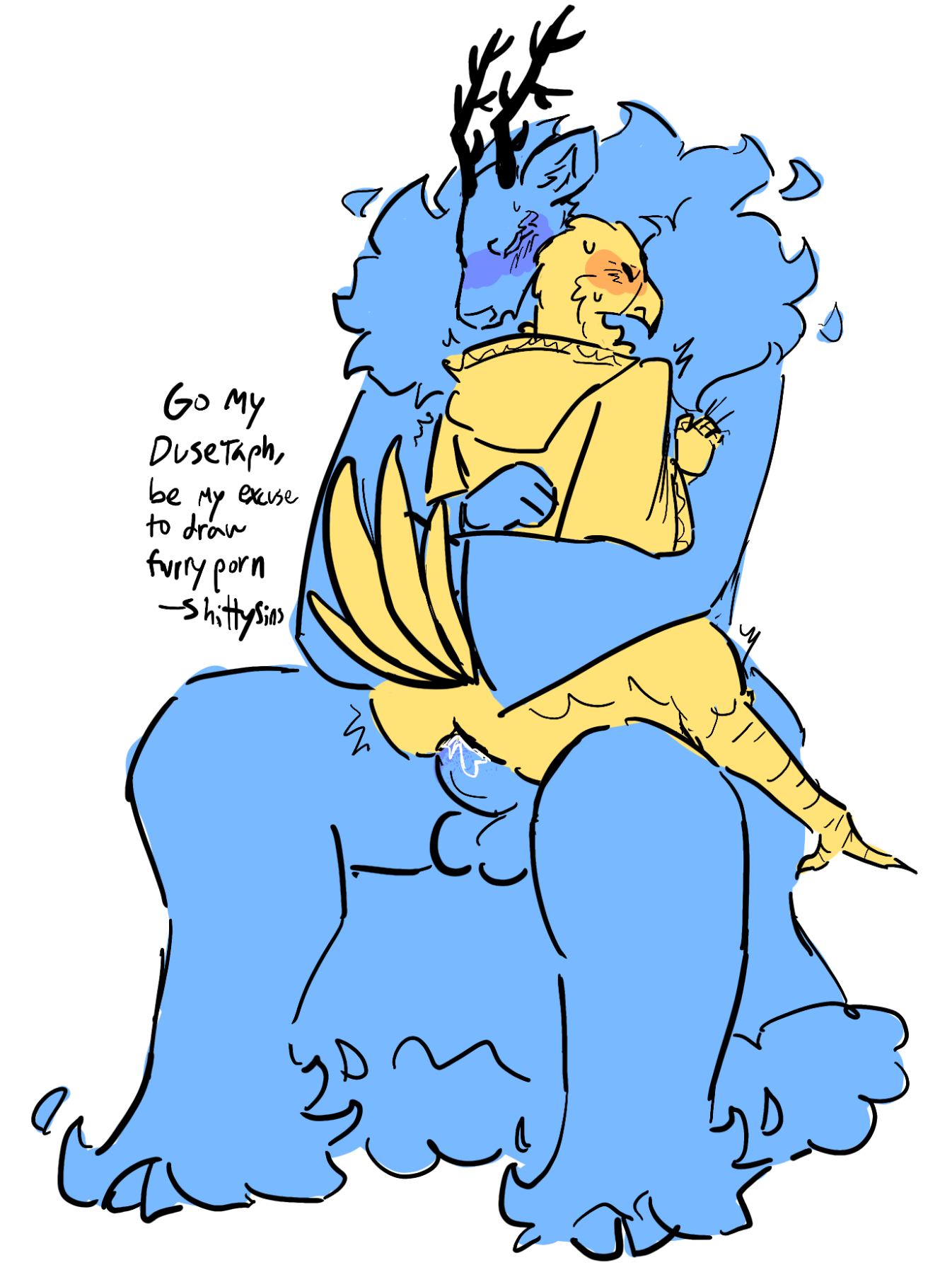 anal, anal sex, beak, bigger penetrating smaller, bird, bird feet, bird tail, blush, deer, deer ears, dick, drawing, dusekkar (forsaken), feathers, forsaken (roblox), furry, furry only, hooves, matt dusek, penis, penis in ass, roblox, roblox game, self upload, shittysins, sitting, sitting on lap, sitting on person, size difference, taph (forsaken)