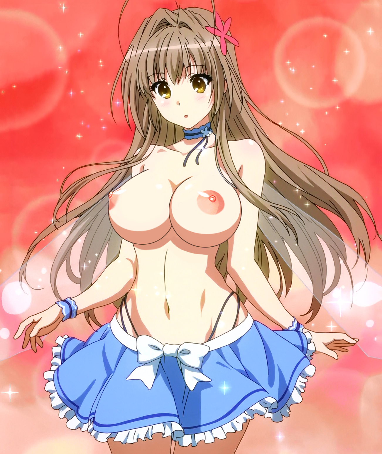1girls, amagi brilliant park, areolae, blush, breasts, brown hair, cleavage, cosplay, curvy, female, female only, front view, gradient, gradient background, hair ornament, highres, large breasts, long hair, navel, nipples, parted lips, photoshop, screencap, sento isuzu, skirt, solo, solo female, topless, wide hips, yellow eyes