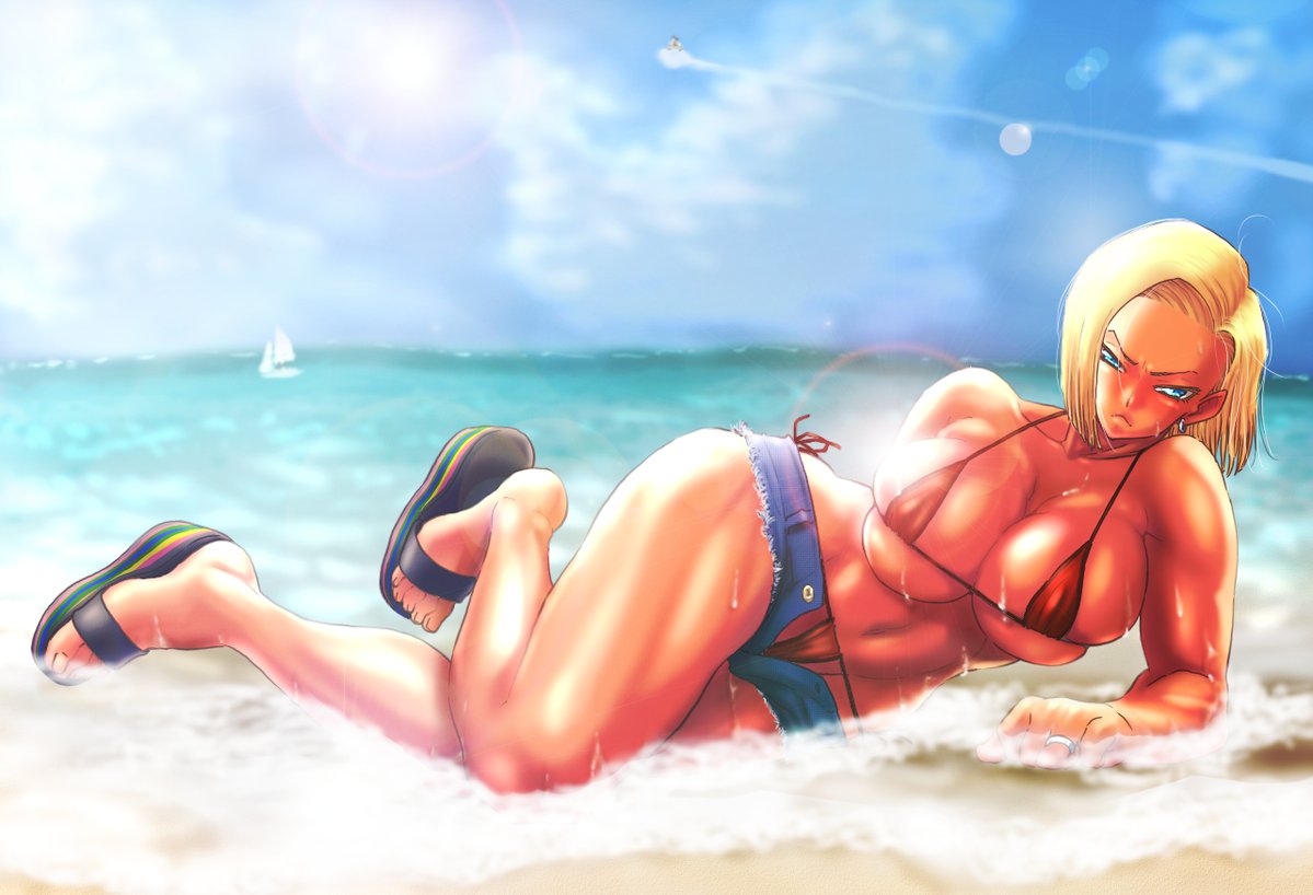 android 18, beach, blonde hair, blue eyes, blush, breasts, clouds, dragon ball, dragon ball z, female, hotpants, milf, panties, ship, sky, sun, tagme, water
