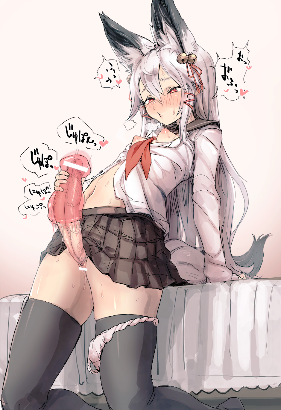 1futa animal_ears areola artificial_vagina bangs bar_censor black_legwear black_skirt blouse blush breast_outside breasts censored erect_nipples erection erection_under_clothes erection_under_skirt fox_ears fox_tail full-face_blush futa_only futa_sans_balls futanari hair_between_eyes half-closed_eyes heart heavy_breathing highres huge_penis indoors intersex kneeling leaning_back leaning_on_object long_hair long_sleeves masturbation navel nipples no_bra noconol nose_blush open_mouth panties panties_around_leg penis penis_out penis_under_clothes penis_under_skirt pleated_skirt red_eyes school_uniform serafuku silver_hair skirt skirt_lift small_breasts solo speech_bubble sweat tail thighhighs tsurime underwear veins veiny_penis white_blouse white_hair white_panties