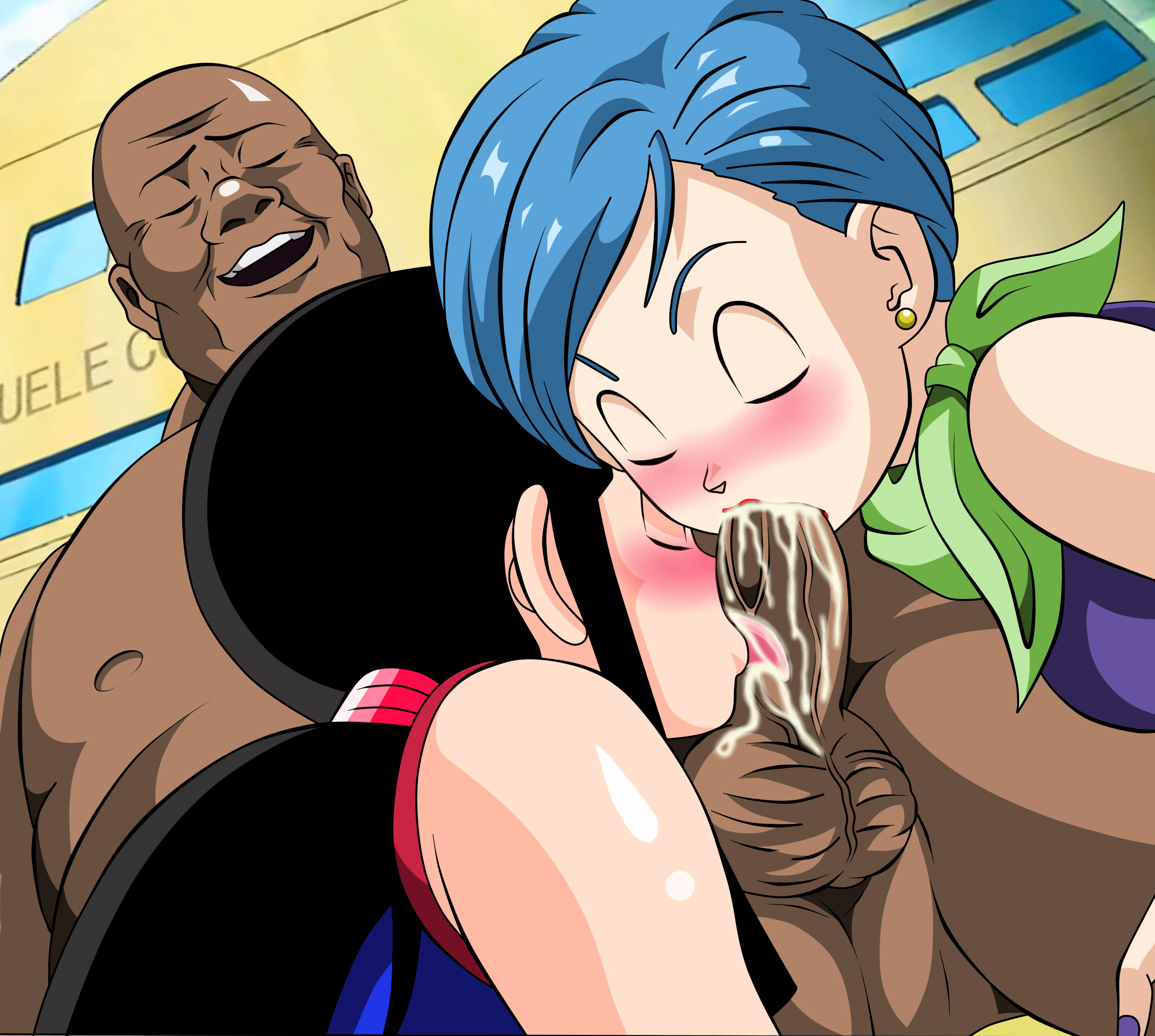 2girls, big penis, bimbo, black eyes, black hair, blowjob, blush, bottomless, bulma, bulma (dragon ball), bulma briefs, cheating, cheating female, cheating wife, chichi, close-up, cock worship, cum, cum in mouth, cum inside, dark skin, dark-skinned male, dicasty, dragon ball, dragon ball (classic), dragon ball super, dragon ball z, duo, eyelashes, eyewear, fellatio, female, glowing eyes, highres, human, interracial, lipstick, long hair, male, milf, nail polish, oral, penis, pink lipstick, ponytail, smile, straight, sunglasses, teenage female, teenager, time paradox, veiny penis