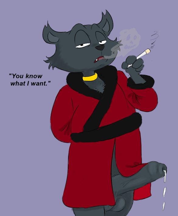 anthro balls black_fur cigarette clothed clothing collar dripping erection feline fur grandschemetheme half-closed_eyes long_foreskin low_res male male_only mammal partially_clothed penis precum presenting robe sabrina:_the_animated_series sabrina_the_teenage_witch salem_saberhagen smoking solo uncut