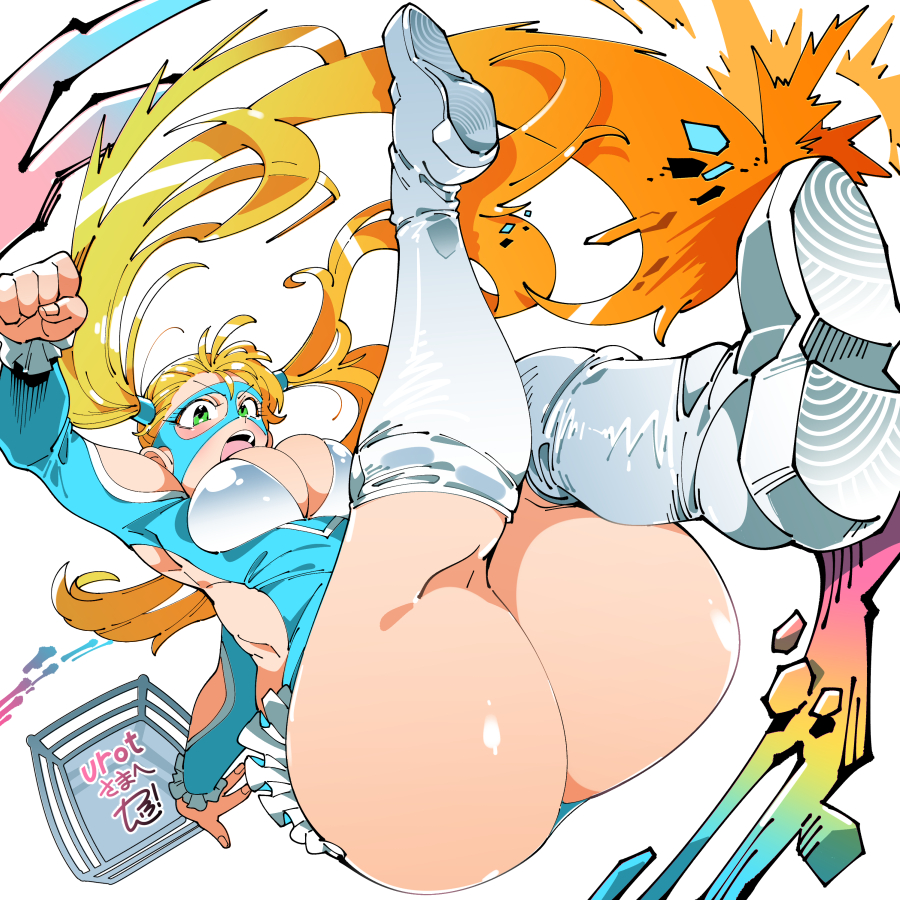 1girls ass ass_focus blonde_hair blush breasts bubble_butt capcom cleavage female_focus green_eyes huge_ass kafun large_breasts long_hair mask rainbow_mika solo street_fighter twintails