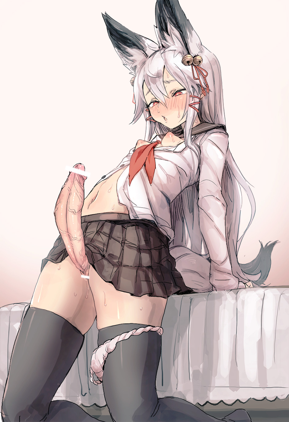 1futa animal_ears areola bangs bar_censor black_legwear black_skirt blouse blush breast_outside breasts censored erect_nipples erection erection_under_clothes erection_under_skirt fox_ears fox_tail full-face_blush futa_only futa_sans_balls futanari hair_between_eyes half-closed_eyes heavy_breathing highres huge_penis indoors intersex kneeling leaning_back leaning_on_object long_hair long_sleeves navel nipples no_bra noconol nose_blush open_mouth panties panties_around_leg penis penis_out penis_under_clothes penis_under_skirt pleated_skirt red_eyes school_uniform serafuku silver_hair skirt skirt_lift small_breasts solo sweat tail thighhighs tsurime underwear veins veiny_penis white_blouse white_hair white_panties