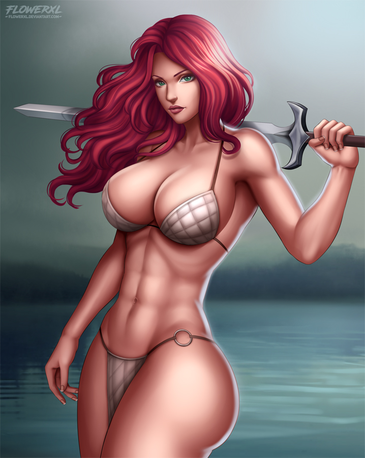 1girls, abs, armor, big breasts, bikini, bikini armor, breasts, chainmail bikini, cleavage, female, female only, flowerxl, green eyes, large breasts, loincloth, long hair, looking at viewer, marvel, marvel comics, muscles, muscular, muscular female, pinup, red hair, red sonja, red sonja (comics), solo, sword