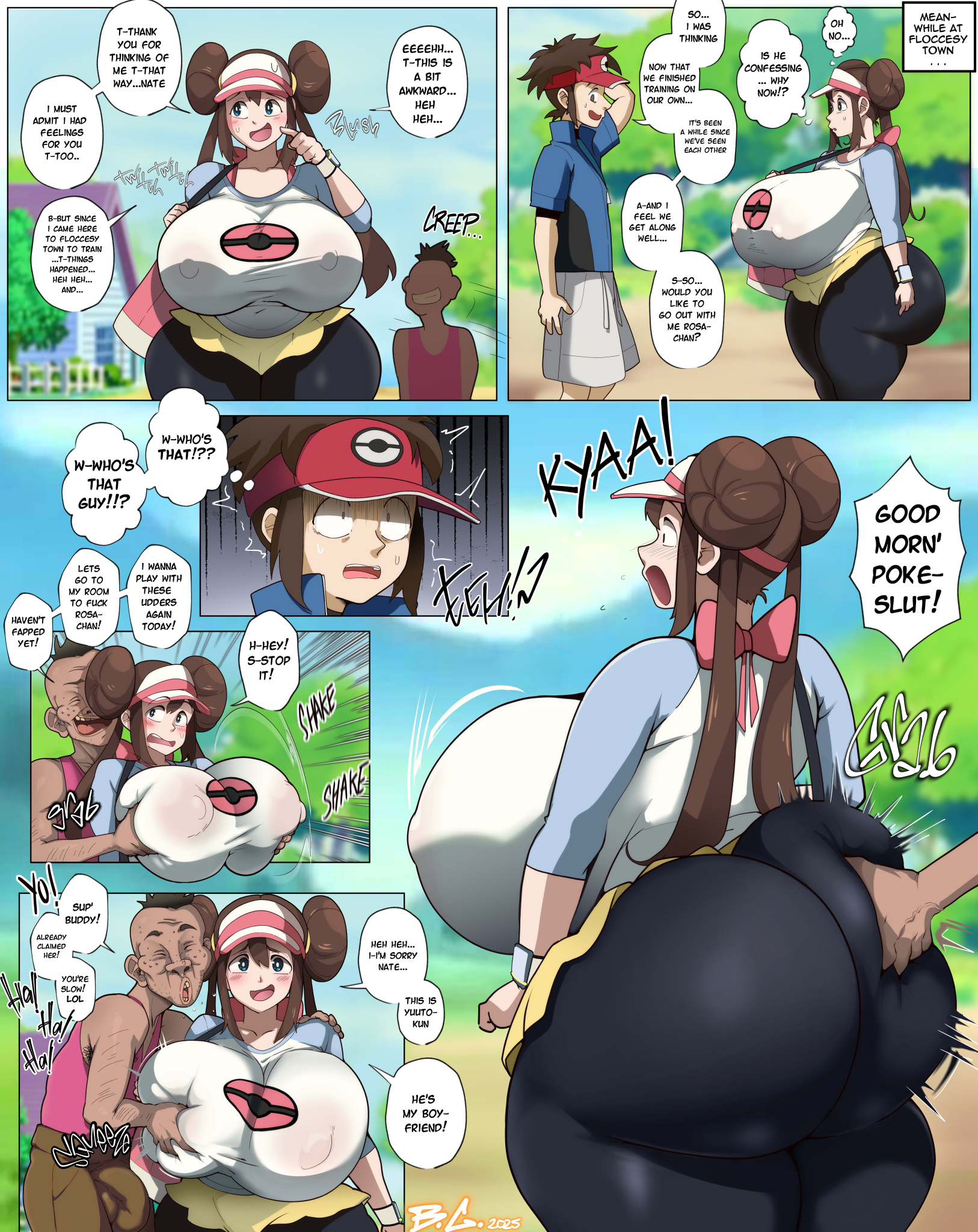 ass, bittercream, boyfriend-girlfriend, breast grab, breasts, cuckold, dialogue, female, gigantic ass, gigantic breasts, groping, huge ass, huge breasts, human, hyper breasts, male, nate (pokemon), older male and younger female, pokemon, rosa (pokemon), text, ugly bastard