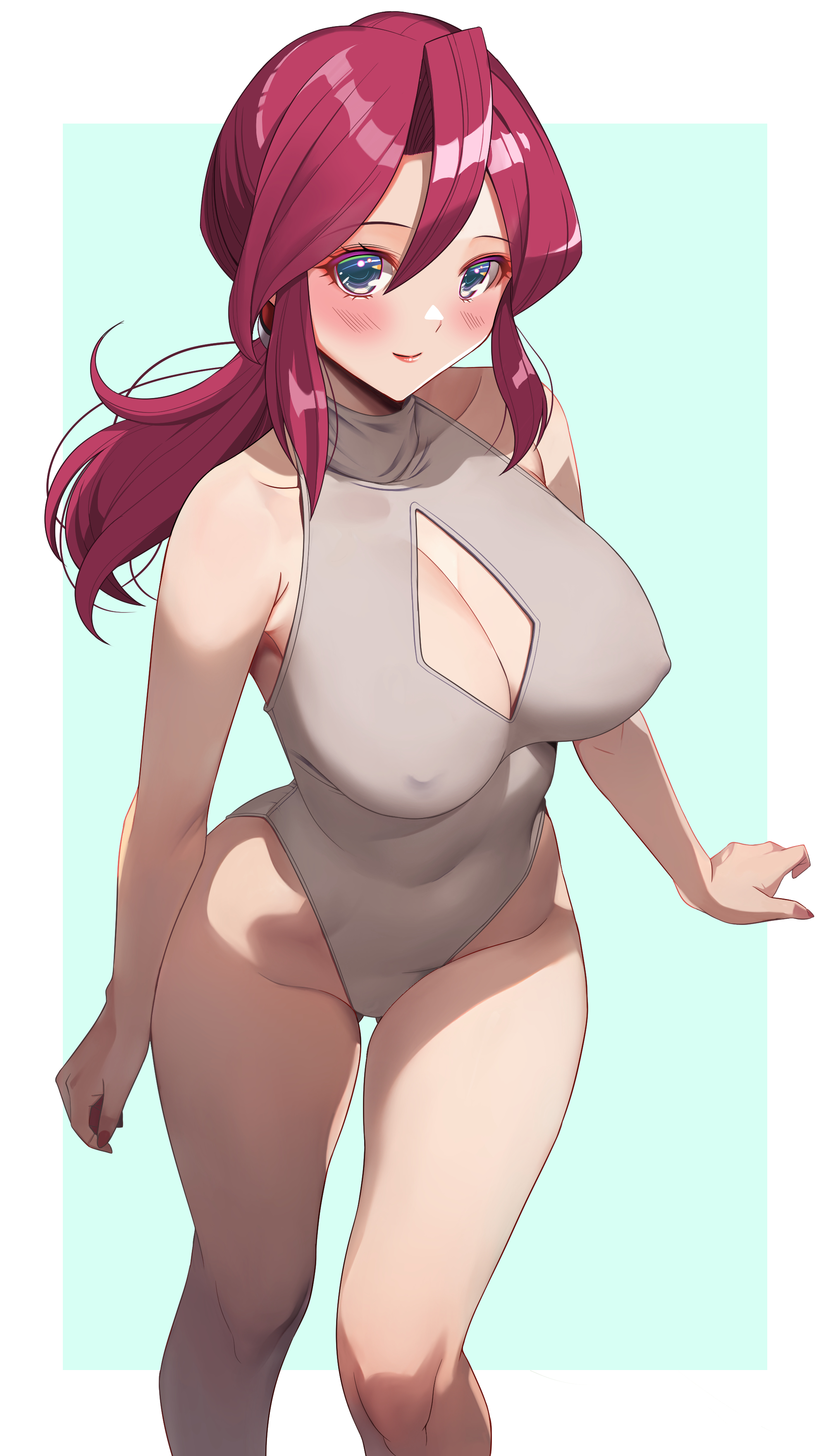 akihiro0920, armpit crease, bare arms, bare legs, bare shoulders, bare thighs, big breasts, blue eyes, blush, breasts, cleavage, cleavage cutout, closed mouth, female, grey one-piece swimsuit, highleg swimsuit, lipstick, long hair, lorelei (pokemon), mature female, nipples visible through clothing, one-piece swimsuit, pokemon, purple hair, smile, standing, swimsuit, thigh gap, thighs
