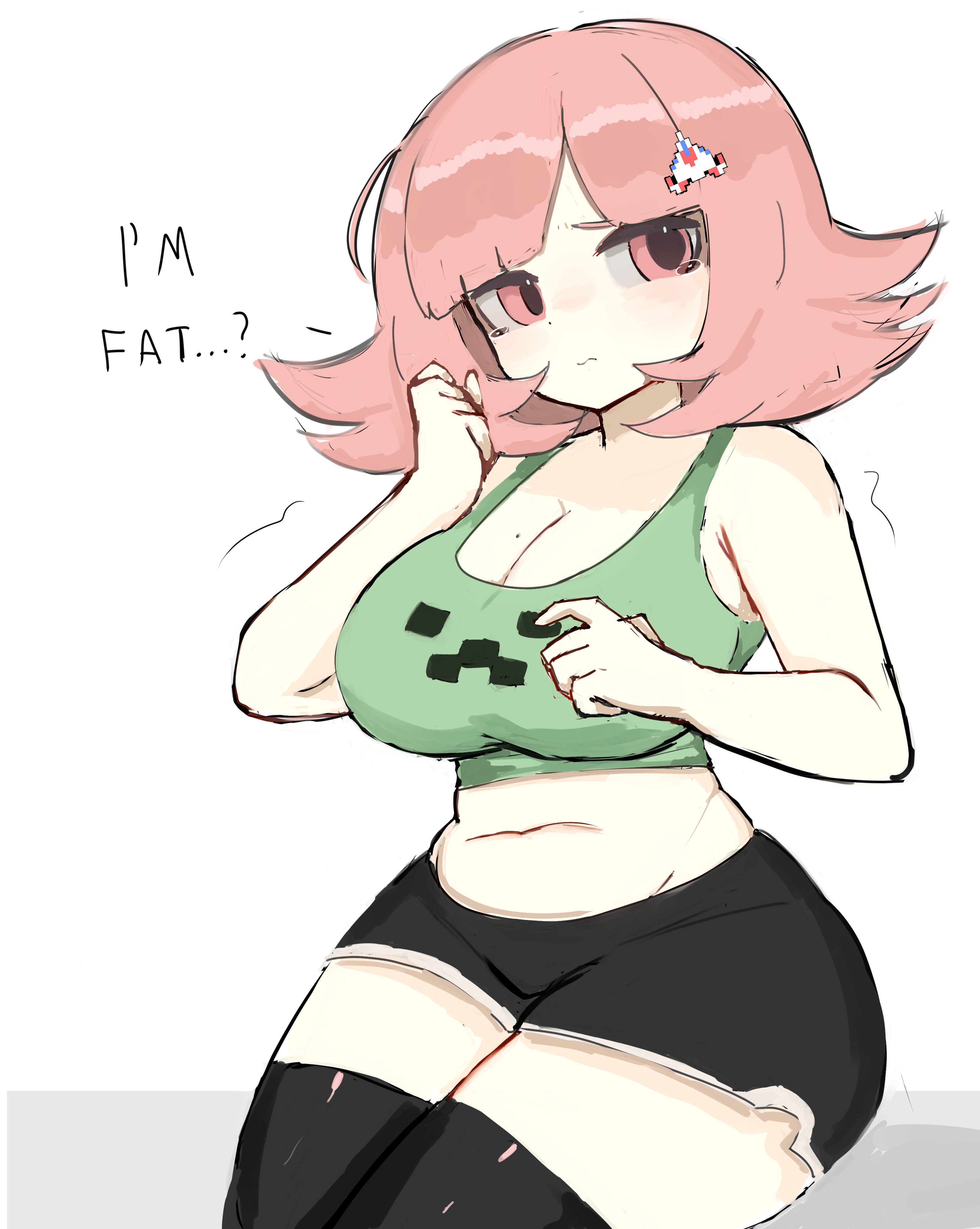 1girls, 2d, ass, big ass, big breasts, big butt, breasts, chubby, chubby female, creeper face, danganronpa, danganronpa 2: goodbye despair, female, female only, gamer girl, hair ornament, melink (artist), minecraft, nanami chiaki, pink eyes, pink hair, short hair, shorts, thick, thick hips, thick legs, thick thighs, thighhighs, thighs