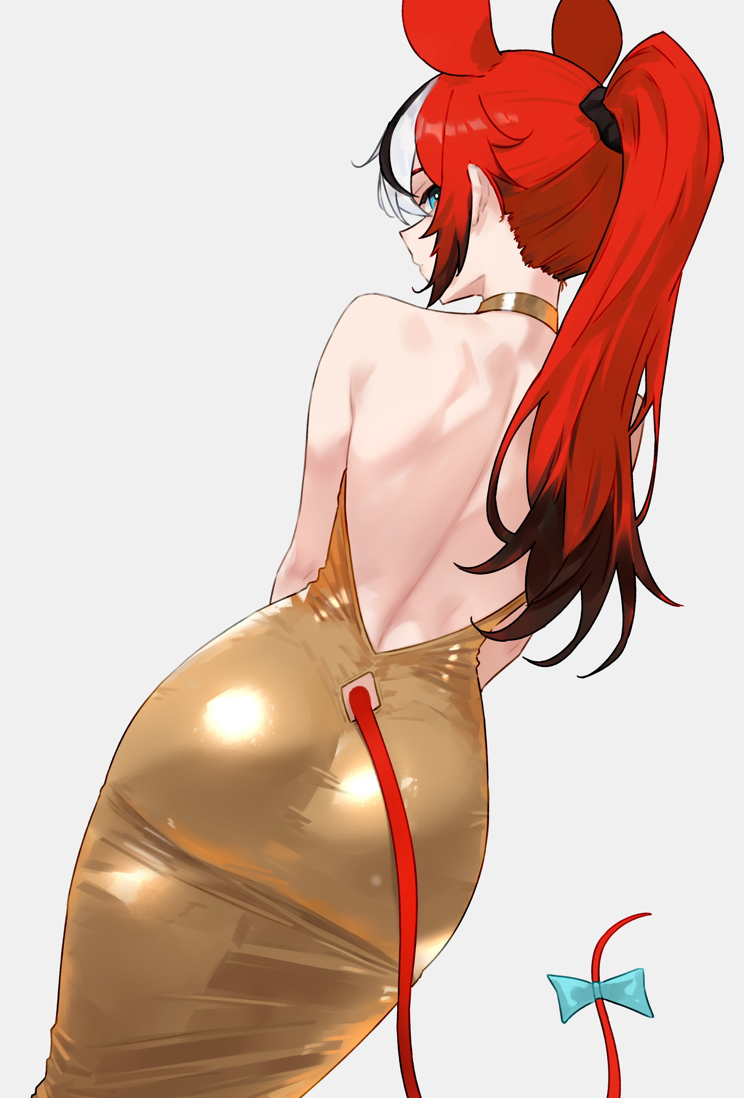 absurdres, alternate costume, alternate hairstyle, animal ears, ass, back, backless dress, backless outfit, black hair, blue eyes, bluefield, bow, clothing cutout, colored tips, commentary, dress, female, female only, from behind, gold dress, golden week, hakos baelz, high ponytail, highres, hololive, hololive english, hololive english -council-, hololive english -promise-, long hair, looking at viewer, looking back, median furrow, mouse ears, mouse girl, mouse tail, multicolored hair, ponytail, red hair, simple background, sleeveless, sleeveless dress, solo, streaked hair, symbol-only commentary, tail, tail bow, tail ornament, tail through clothes, virtual youtuber, white hair