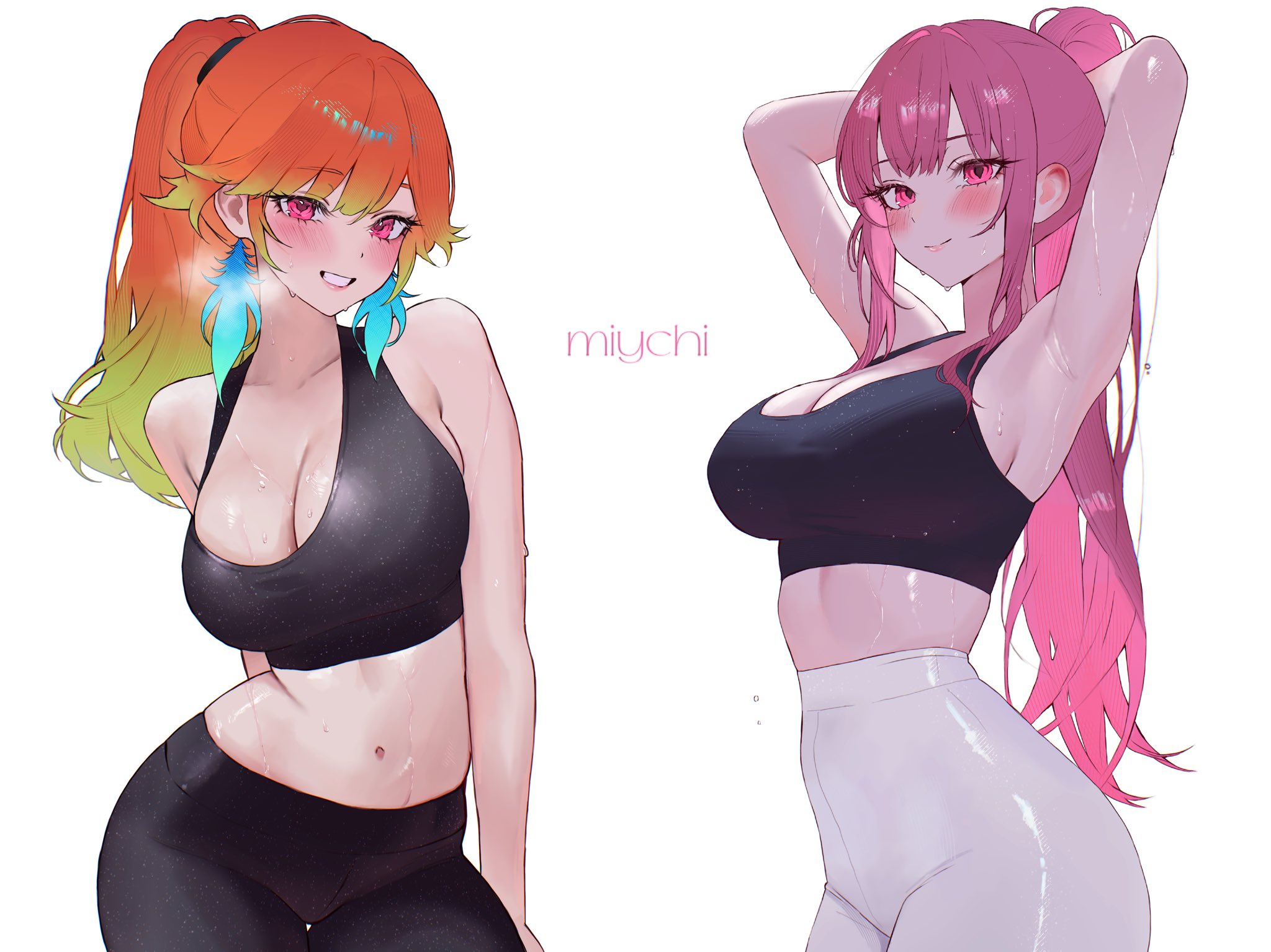 2girls, alternate costume, armpits, arms up, artist name, black pants, black sports bra, blush, breasts, cleavage, closed mouth, commentary, earrings, english commentary, feather earrings, feathers, female, female only, gradient hair, green hair, grin, high ponytail, highres, hololive, hololive english, hololive myth, jewelry, large breasts, looking at viewer, midriff, miychi, mori calliope, multicolored hair, multiple females, multiple girls, navel, orange hair, pants, pink eyes, pink hair, ponytail, presenting armpit, purple eyes, simple background, smile, sports bra, sweat, takanashi kiara, virtual youtuber, white background, white pants, yoga pants