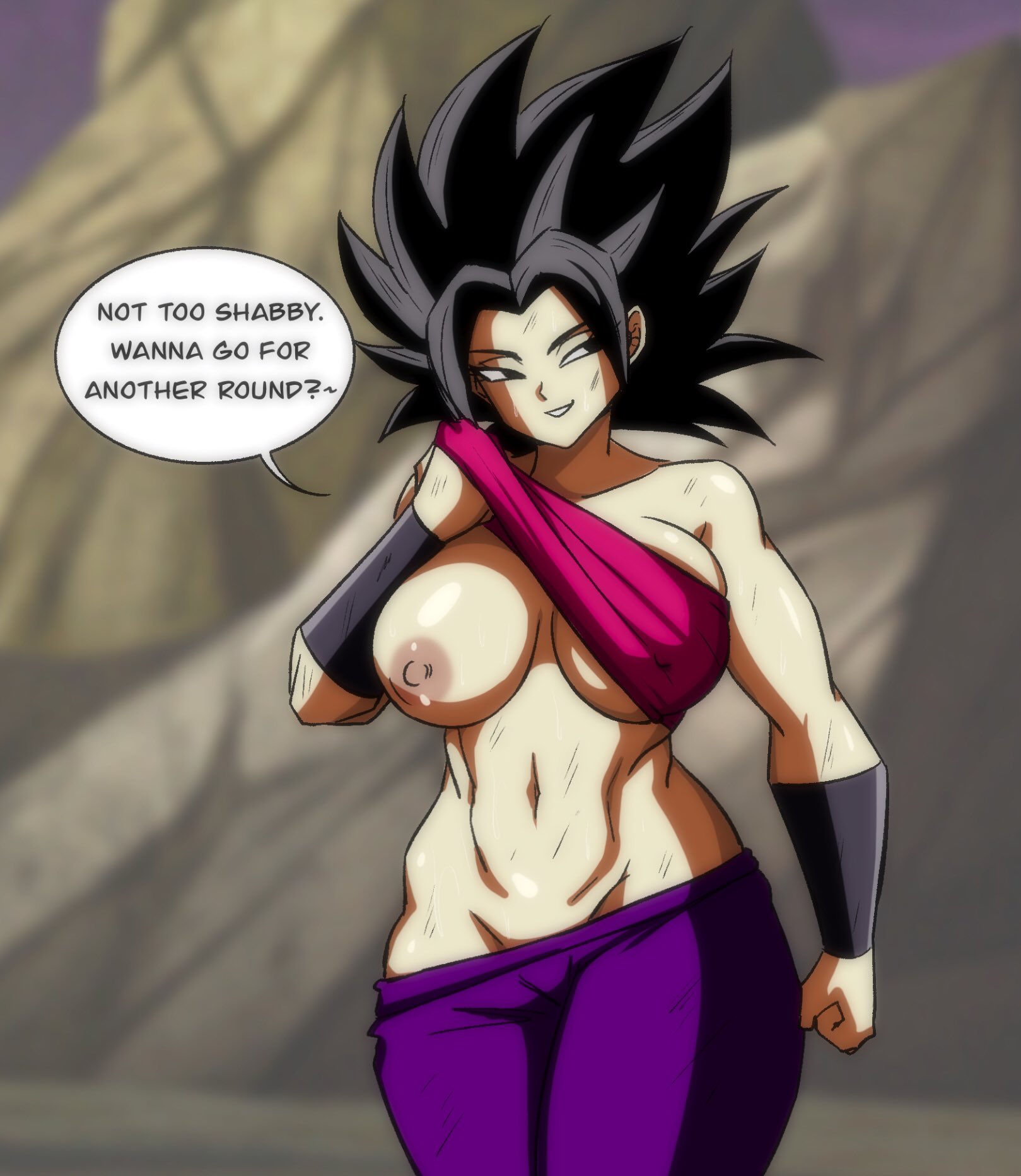 ass, big ass, black bracelet, black eyes, black hair, bracelets, caulifla, clothed, darwaarts, dialogue, dragon ball, dragon ball (series), dragon ball super, female, nipple, pants, pink topwear, purple pants, saiyan female, spiky hair, tagme, topwear, tournament of power