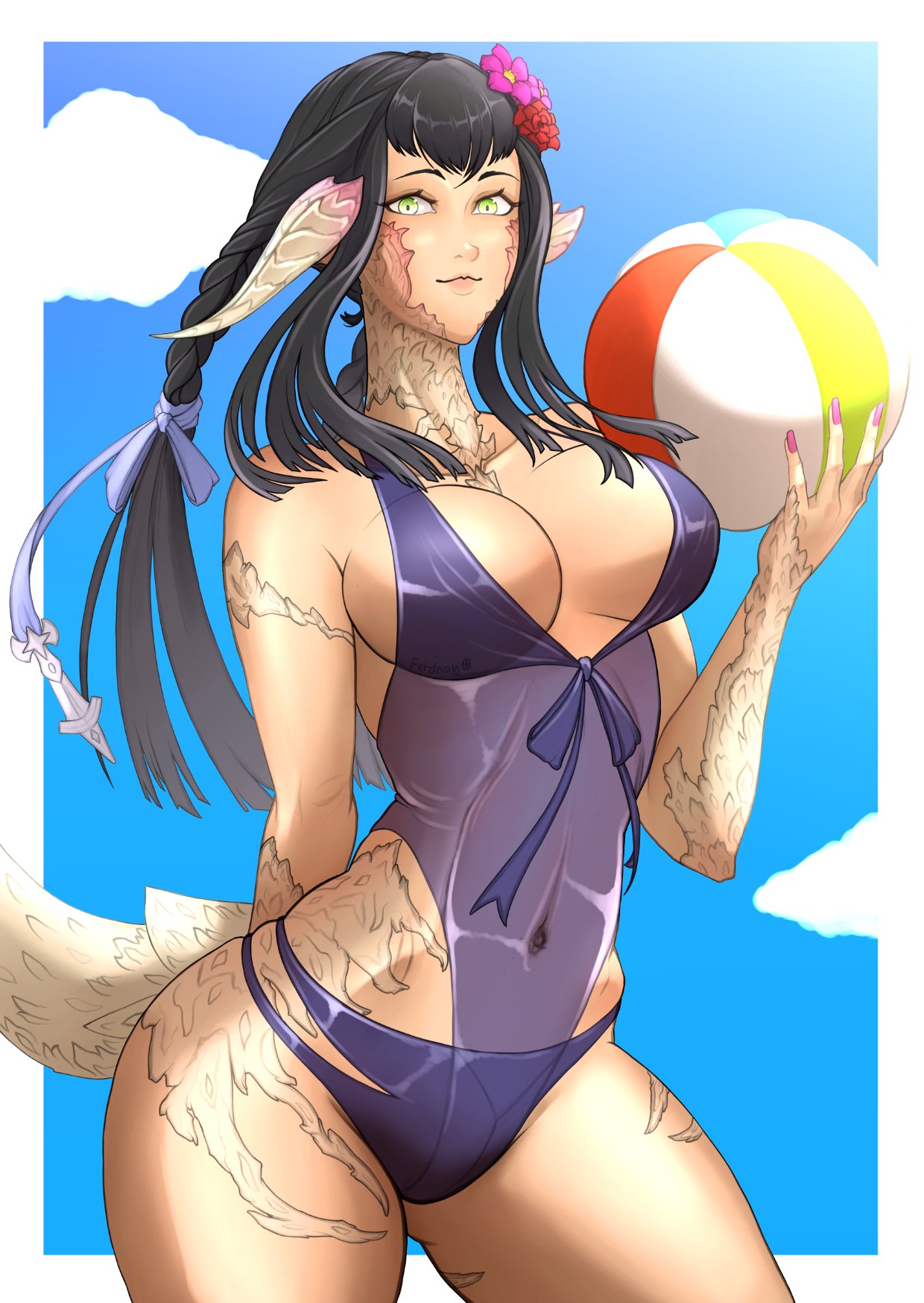 au_ra black_hair final_fantasy final_fantasy_xiv green_eyes swimsuit yugiri_mistwalker
