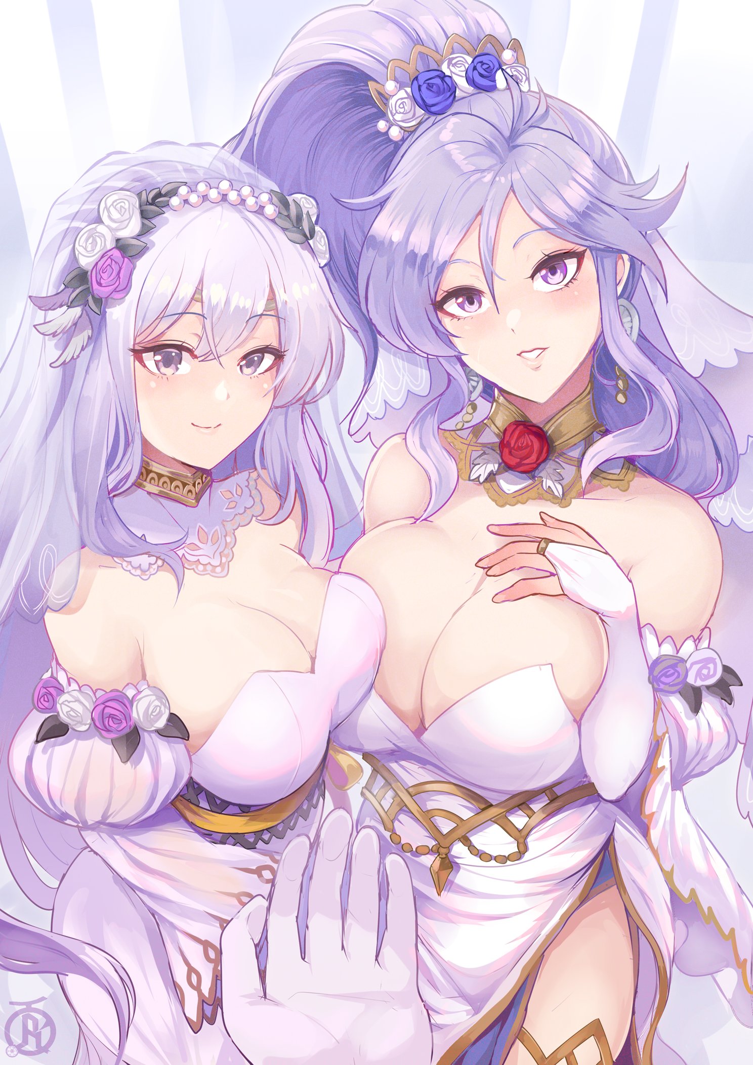 1other, 2girls, ambiguous gender, asymmetrical docking, bare shoulders, breast press, breasts, bridal gauntlets, bridal veil, bride, cleavage, dress, earrings, female, female focus, fire emblem, fire emblem heroes, fire emblem: genealogy of the holy war, flower, flower in hair, gloves, grey eyes, grey hair, grin, hair between eyes, hair flower, hair ornament, hand on own chest, head tilt, high ponytail, highres, ishtar (bride of light) (fire emblem), ishtar (fire emblem), jewelry, julia (bride of light) (fire emblem), julia (fire emblem), large breasts, long hair, long sleeves, looking at viewer, medium breasts, multiple females, multiple girls, official alternate costume, ponytail, pov, pov hands, purple eyes, purple hair, revolverwingstudios, see-through clothes, see-through veil, smile, thighs, veil, very long hair, wedding dress, white hair