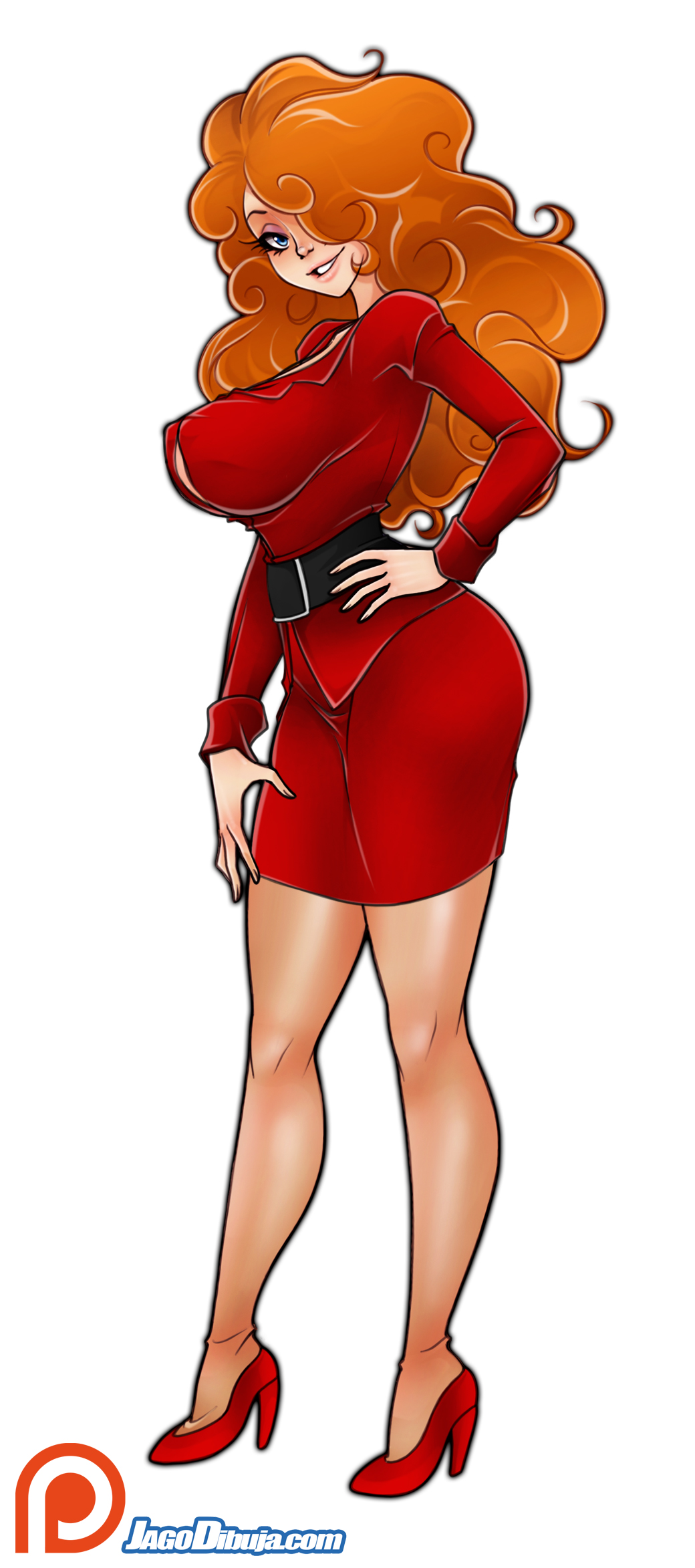 1girls, big breasts, bimbo, blue eyes, breasts, busty, curly hair, eyeshadow, female, high heels, jago dibuja, lipstick, makeup, powerpuff girls, red dress, redhead, sara bellum, voluptuous