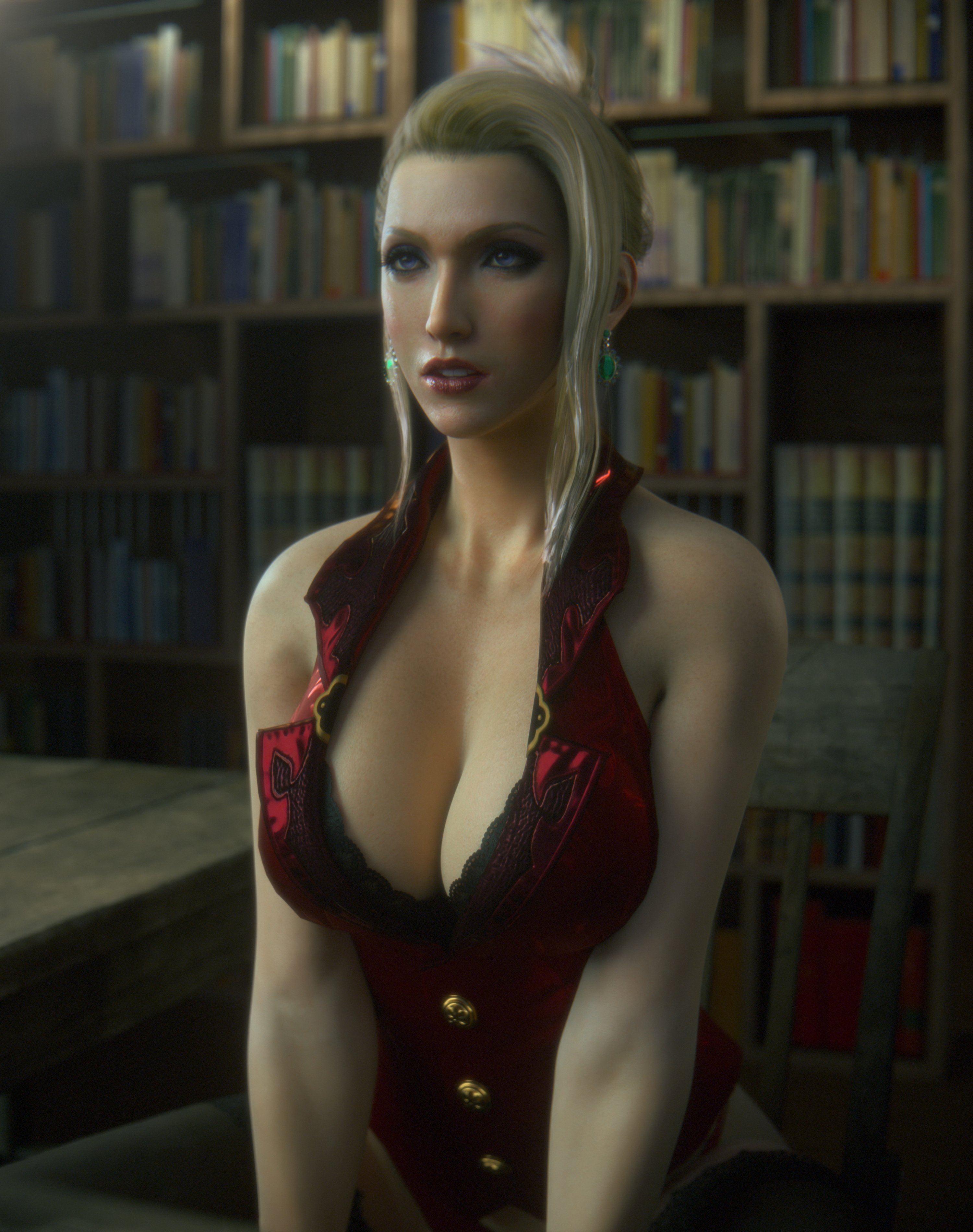 1girls, 3d, blonde female, blonde hair, breasts, earrings, female, final fantasy, final fantasy vii, final fantasy vii remake, light skin, light-skinned female, peacensfw, red clothing, scarlet (ffvii), solo, solo female, squished breasts
