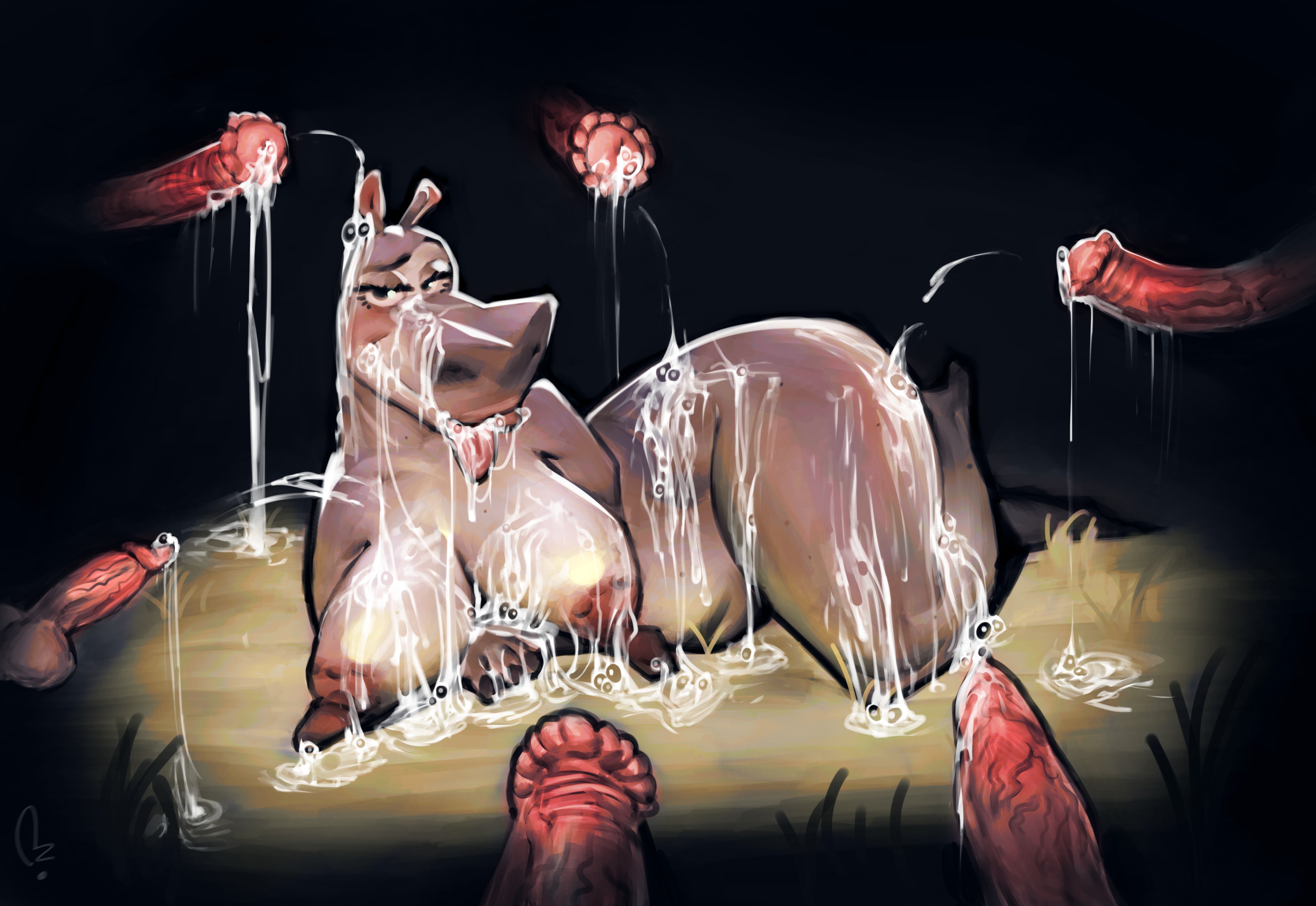 1girls, 2024, 6boys, alternate version at source, alternate version available, animal genitalia, animal penis, anthro, anthro female, anthro only, ass, belly, big breasts, big nipples, big penis, breasts, common hippopotamus, completely naked, completely nude, cum, cum drip, cum on ass, cum on body, cum on breasts, cum on face, cum on lower body, cum on upper body, curvaceous, curvy, curvy female, dreamworks, dreamworks animation, excessive cum, extinctyellow, eyelashes, female, female anthro, female focus, genitals, gloria the hippopotamus, grey body, hippopotamid, hippopotamus, horsecock, lying on ground, lying on side, madagascar (series), male, mammal, mammal humanoid, nude, nude female, overweight, overweight anthro, overweight female, penis, red penis, thick thighs, tongue, tongue out, veiny penis, voluptuous, voluptuous female, watermark, wide hips